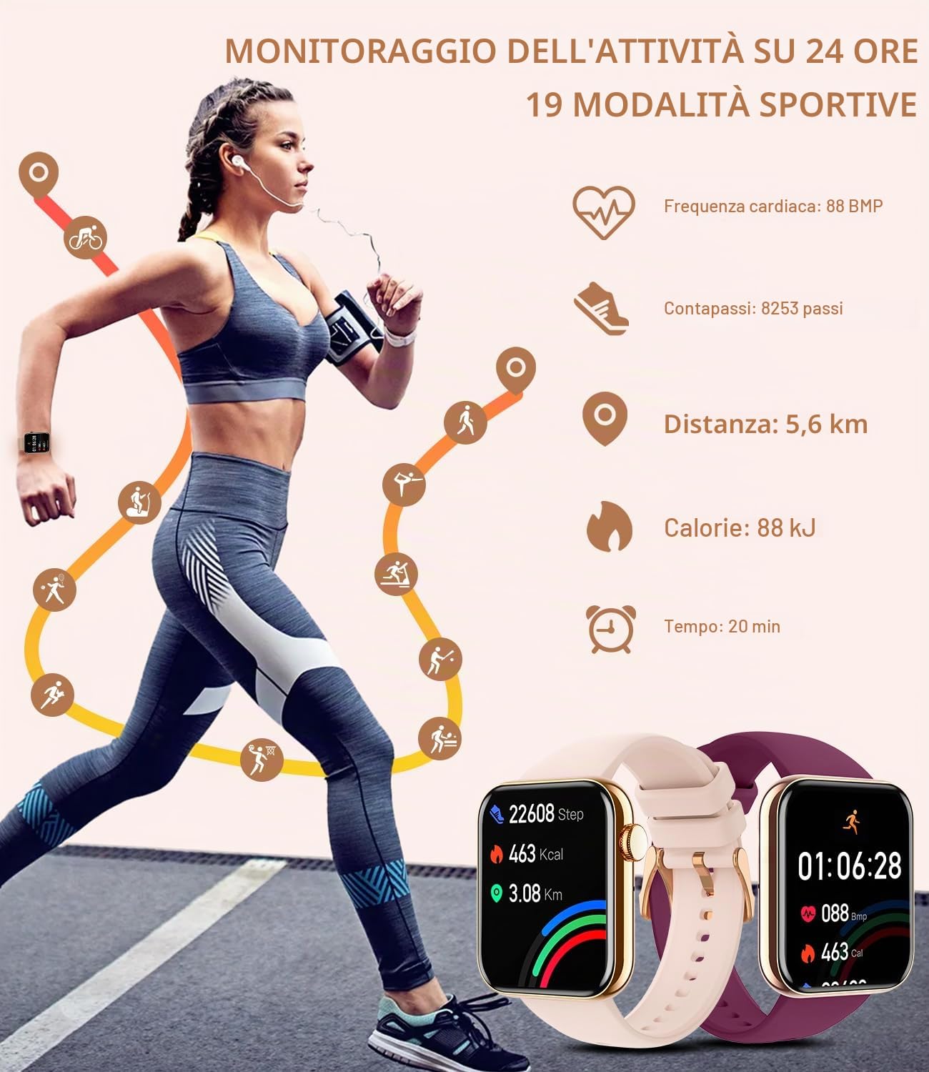 Smartwatch Donna Effettua o Rispondi alle Chiamate 1.85" Orologio Fitness con Contapassi Frequenza Cardiaca Sonno SpO2 Smart Watch per iOS Android