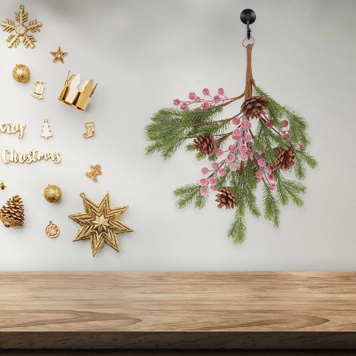 Ciieeo Artificial Christmas Pine Needle Branch Swag Teardrop Hanging Ornament with Pinecones and Faux Pine Branch for Door Wall Seasonal Holiday Décor