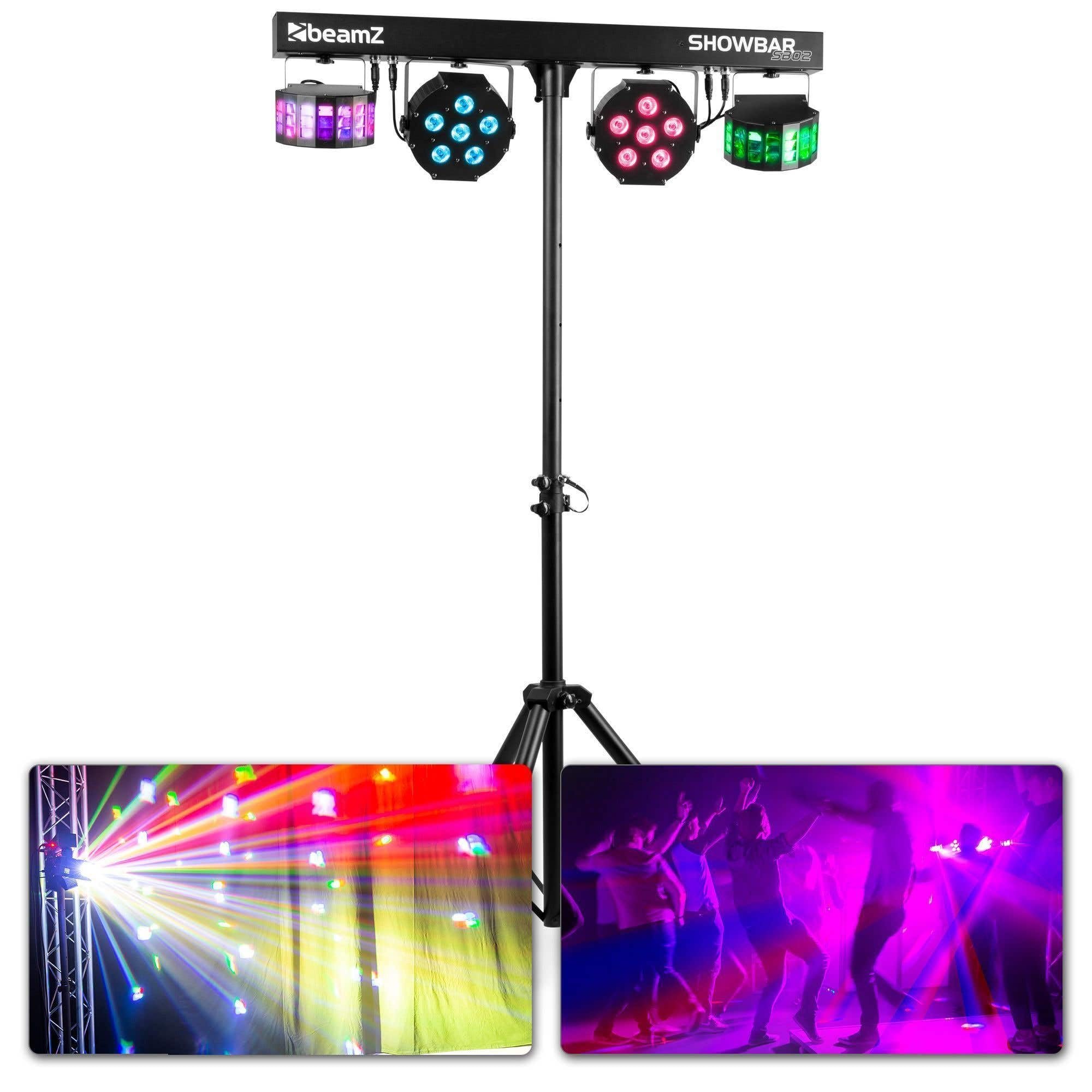 BeamZ SB02 Discolicht Partylicht mit Stativ, Lichtanlage ShowBar mit integriertem Akku, Lichtanlage musikgesteuert, 2 Derby-Lichteffekten, 2 PAR-Kannen, Fernbedienung - Schwarz