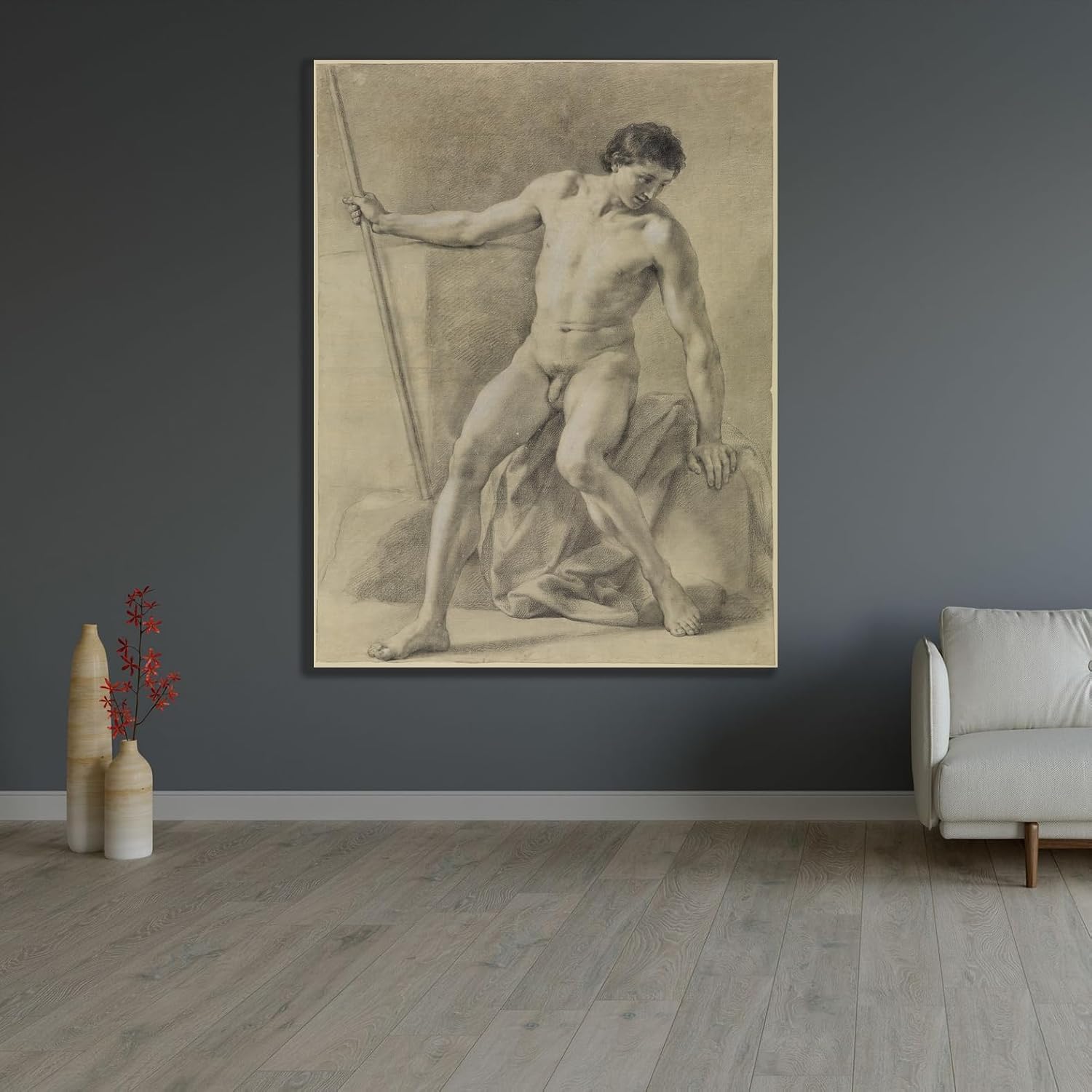 ArtDirect Sitzender männlicher Akt, fast frontal, Stab in der Rechten, niederblickend Custom Framed Art Print Giclee Print or Canvas Options with Various Sizes and Customization by Anton Raphael Mengs