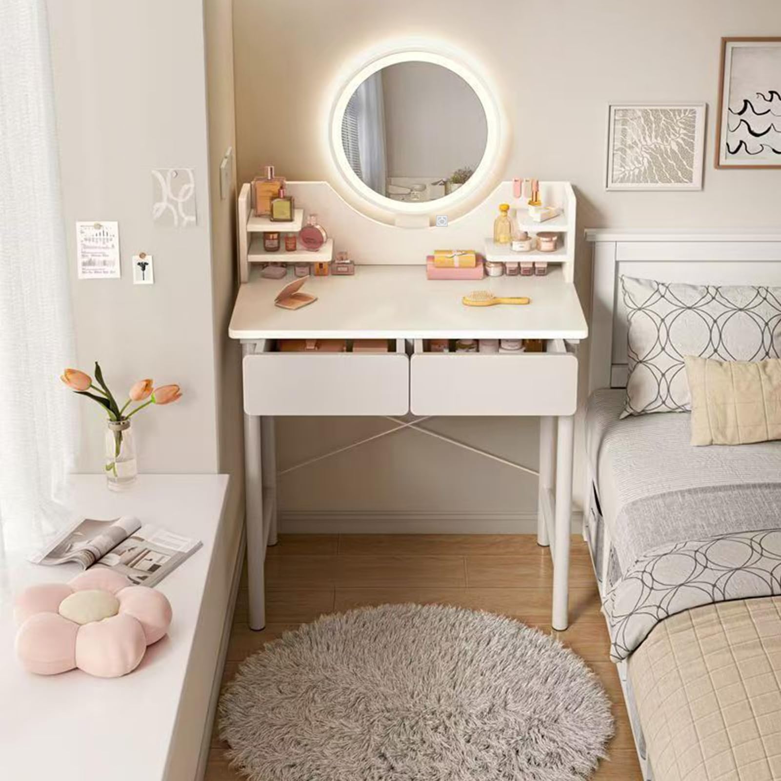 Beauenty Makeup Vanity Desk, Small Vanity Table, Dressing Table with Mirror and Drawers, Multifunctional Makeup Writing Desk for Bedroom, White (Style 2)