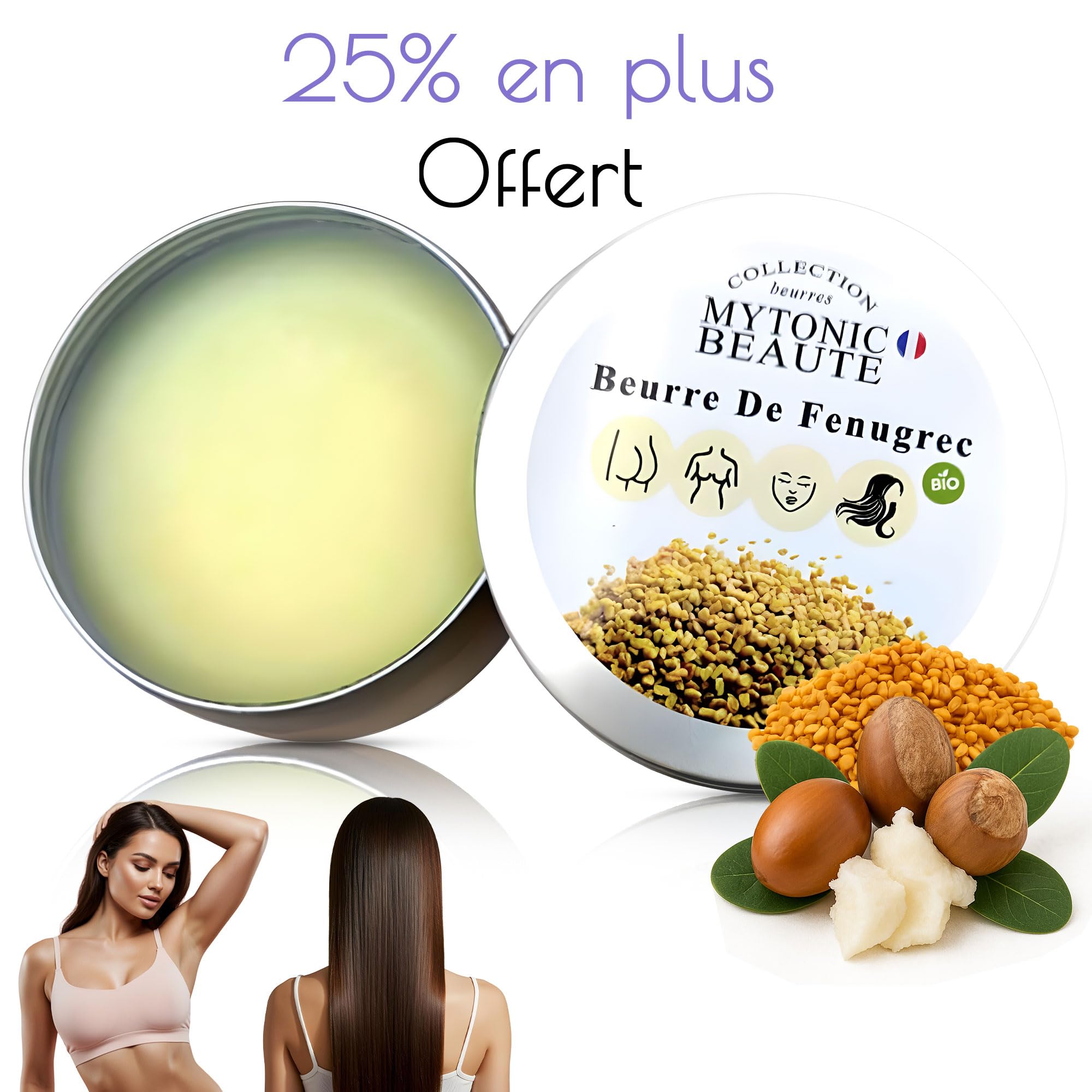 Soin Corporel Beurre de Fenugrec Bio pour Poitrine, Fesses, Hanches, Acné, Cheveux et Visage125gr | Hydratant - Nourrissant | Volumisant | Concentré 25% EN PLUS (125g)