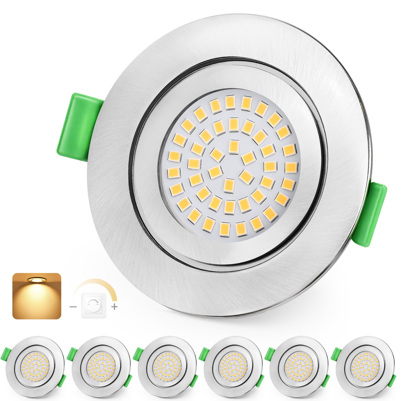 KYOTECH LED Einbaustrahler 230V Dimmbar 65-75mm Ultra Flach LED Spots 5W IP65 Bad Einbauleuchten Deckenspots Warmweiß 2700K Einbauspots für Badezimmer Wohnzimmer, Nickel 6er Set (Nicht Drehbar)