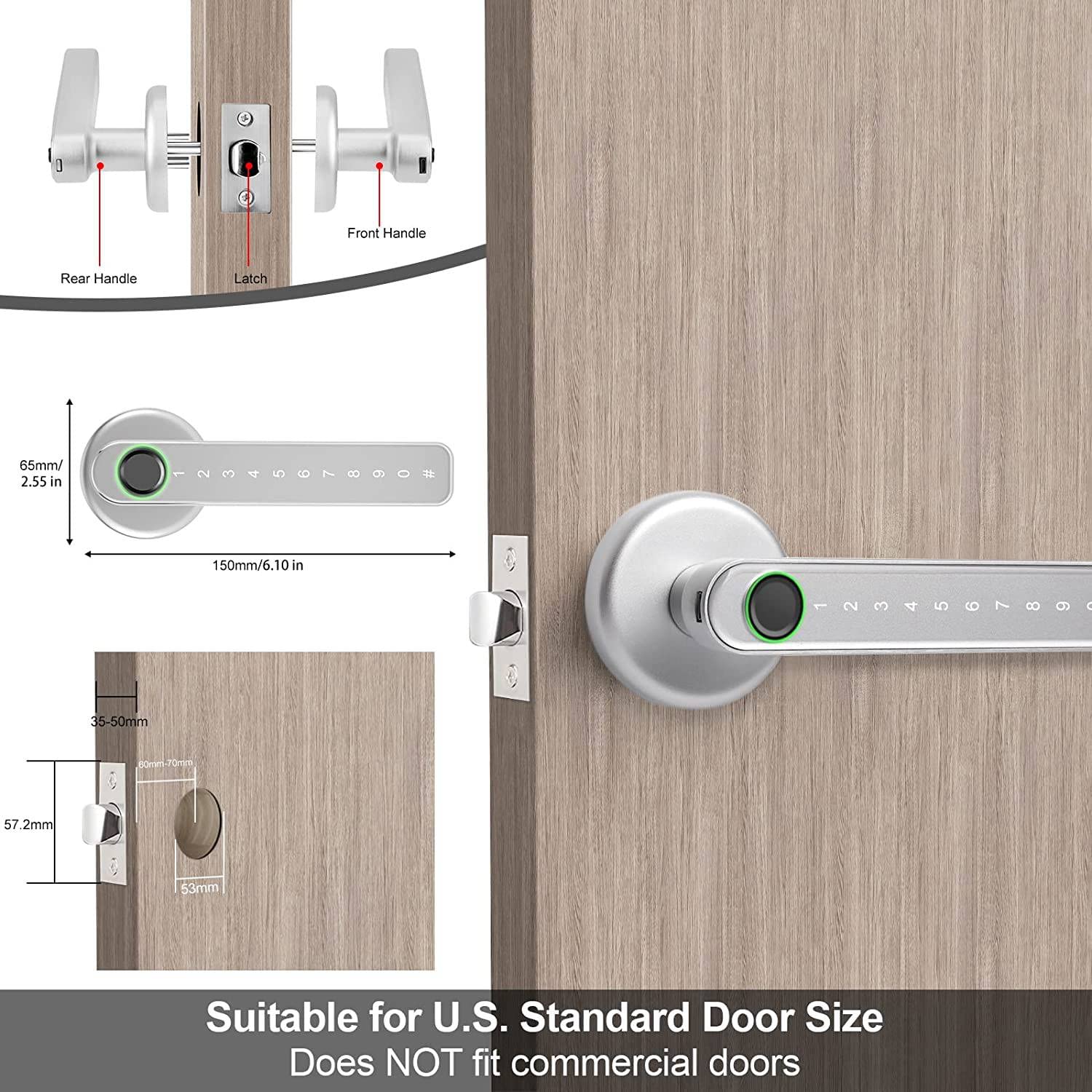 Smart Door Lock Keyless Entry Serratura della porta della tastiera con maniglia, serratura della porta dell'impronta digitale con controllo WiFi APP Tuya