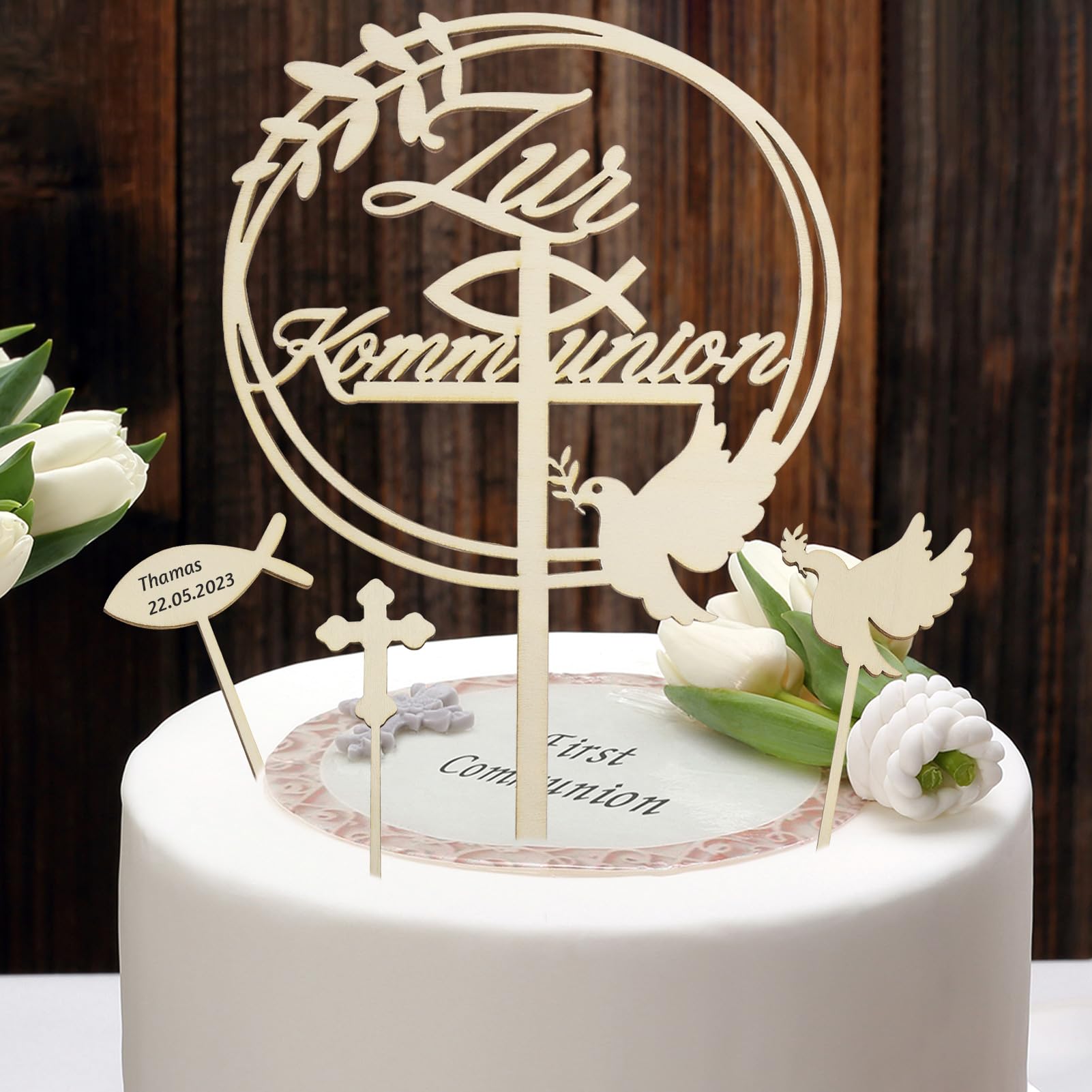 Tauf-Cake-Topper Aus Acryl Oder Holz – 'Zur Heiligen Taufe', 14x12 Cm, Mit Spießen, Made In Germany