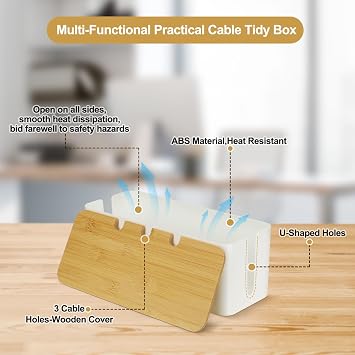 Cable tidy box, Cable management box, 3 Cable Storage Box with Bamboo Lid for Hiding Messy Cables Storage Organising Management Desk TV Computer USB Hub Strips Cords, Wire Management, White