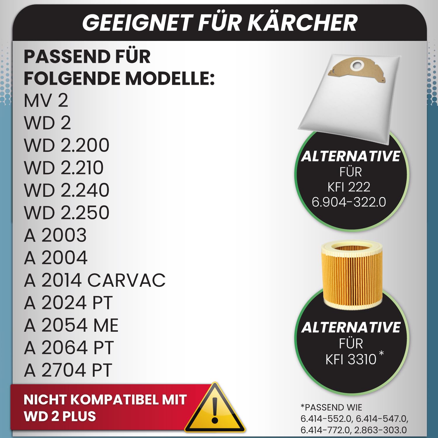 20 sacchetti per aspirapolvere in pile per Kärcher A2003, A2004