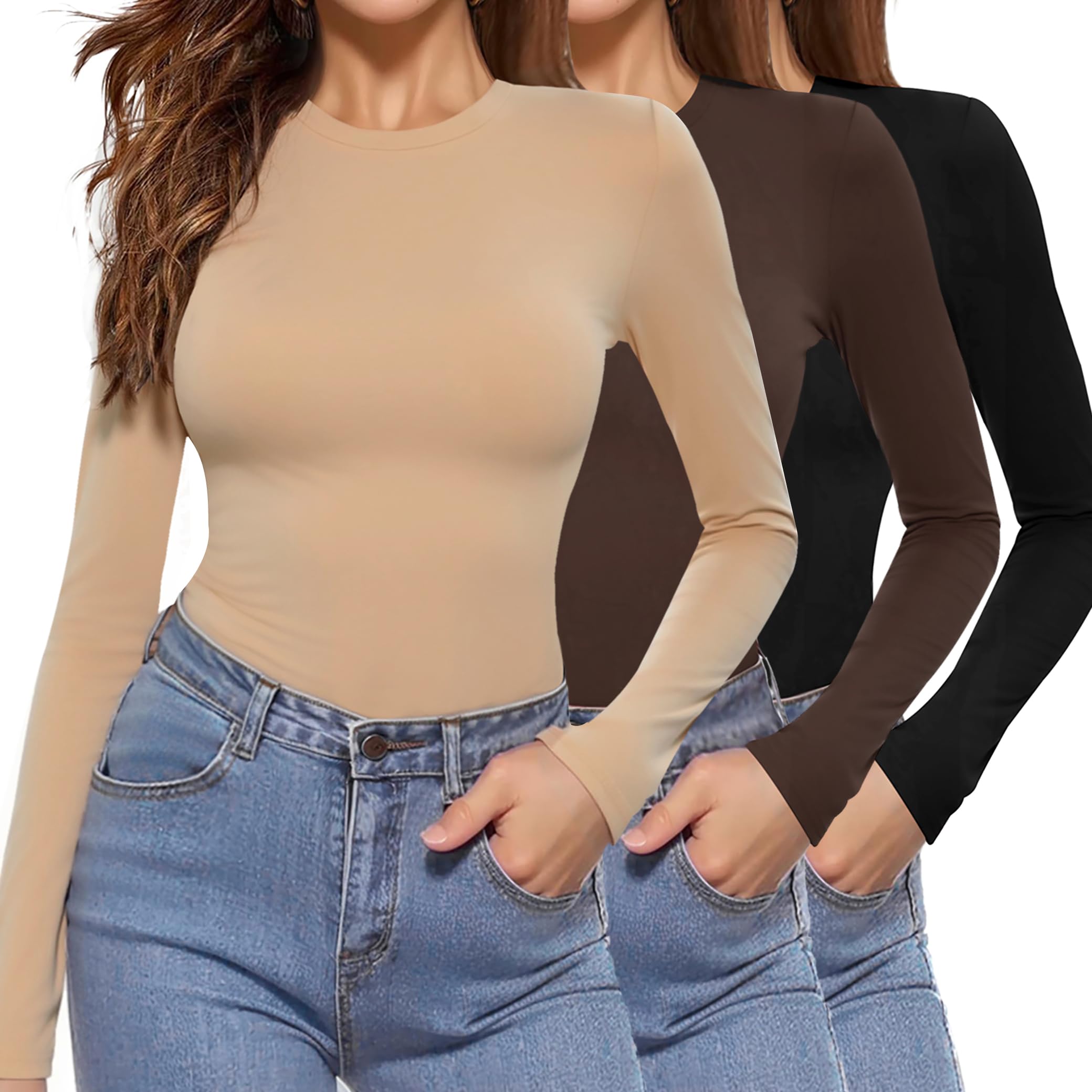 Aottori 3 Pack Langarmshirt Damen Rundhals Basic Tops Langarm Eng Oberteile Elegant Stretch Unterziehshirt Slim Fit Unterhemd Layer Tee Shirt Casual XS-XXL