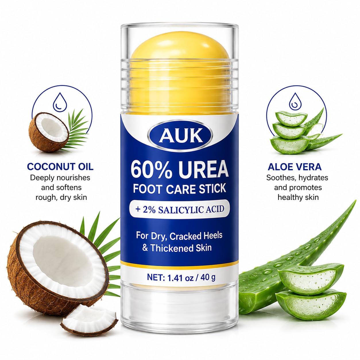 AUK 60% Urea Foot Care Stick with 2% Salicylic Acid, Moisturizing Foot Balm for Dry Cracked Heels, Rough Thickened Skin & Callused Feet, Targeted Stick for Feet Care, 1.41 oz
