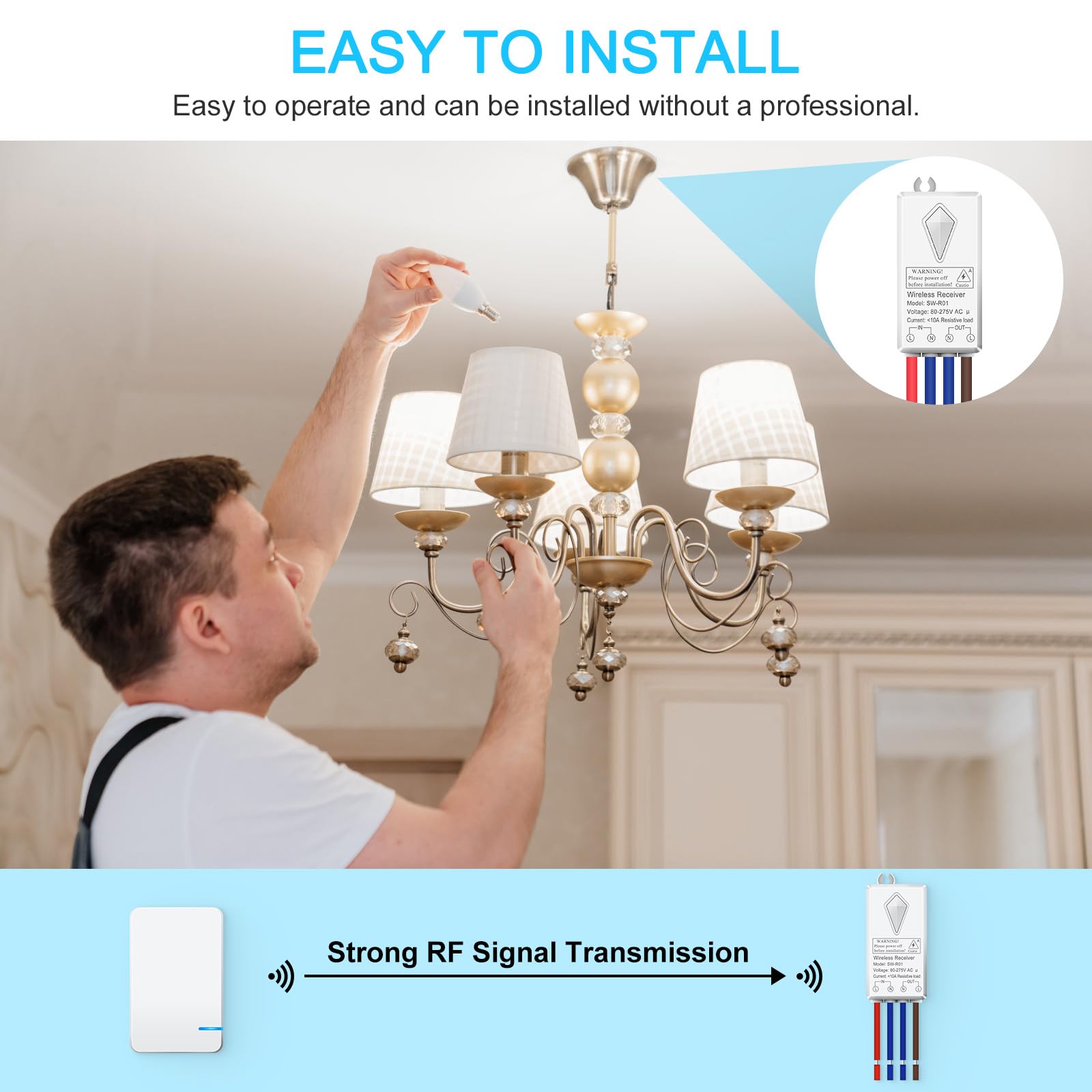 NineLeaf - Kit de interruptor inalámbrico portátil para lámparas LED con mando a distancia Receptor inalámbrico sin cableado No requiere batería, fácil de instalar (3 interruptor 1 receptor)