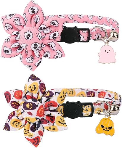 Miniatura 7 de ADOGGYGO Breakaway Collar de gato con campanas, paquete de 2 collares de flores para niñas, gatos, gatitos, collar con flores extraíbles ajustables