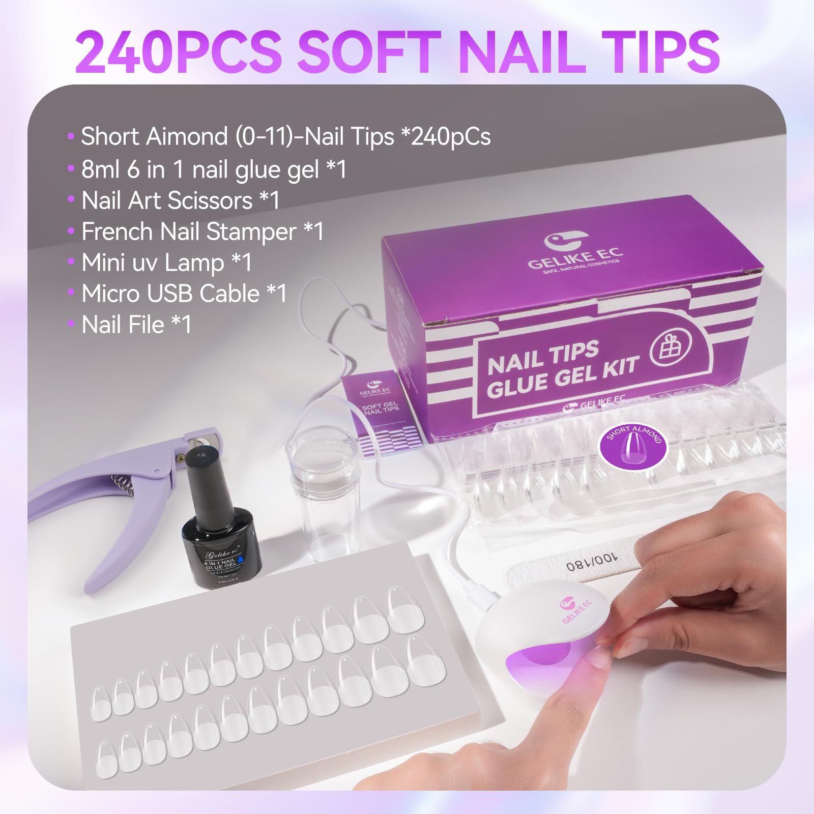 Nail X Extension zestaw tipsów i kleju do paznokci - Gelike Soft Gel Full Cover Nail Tips 240 szt.