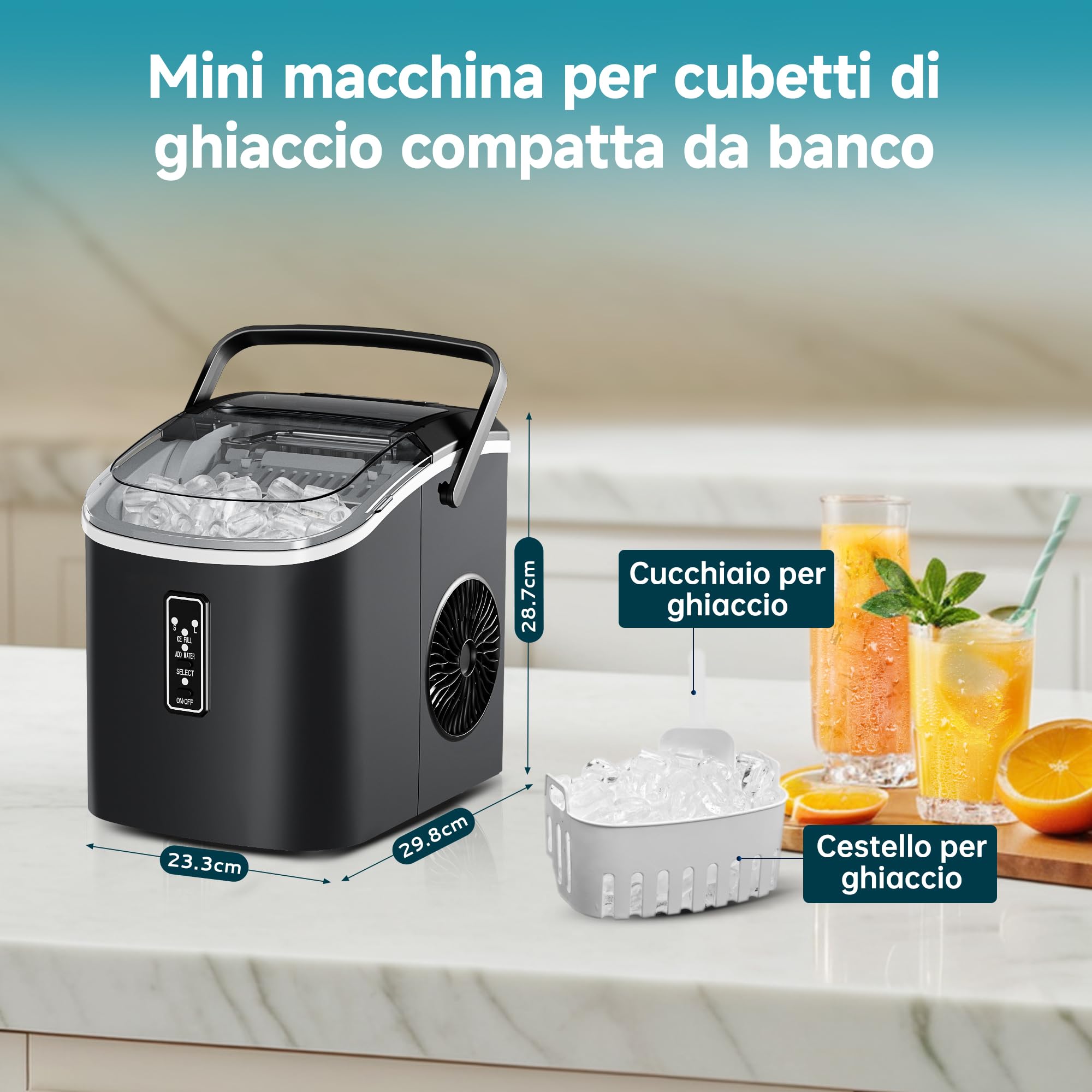 EUHOMY Macchina del Ghiaccio Casa: 9 Cubetti in 6 Minuti, Macchina per il Ghiaccio Autopulente, 12KG/24H, 2 Dimensioni di Ghiaccio, con Maniglia/Paletta/Cestello, Nero