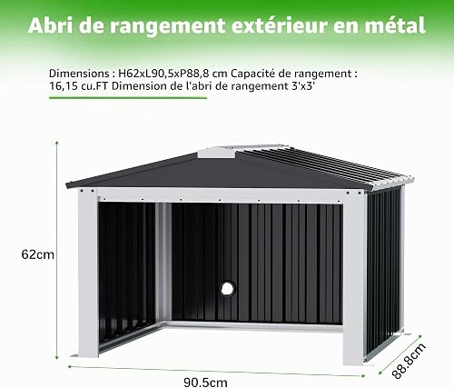 SUPEER Small Metal Tool Shed, 0.72 m², Height 62 cm x Length 88 cm x Width 84 cm, Garden Shed, Room for Pets (Black) - 2