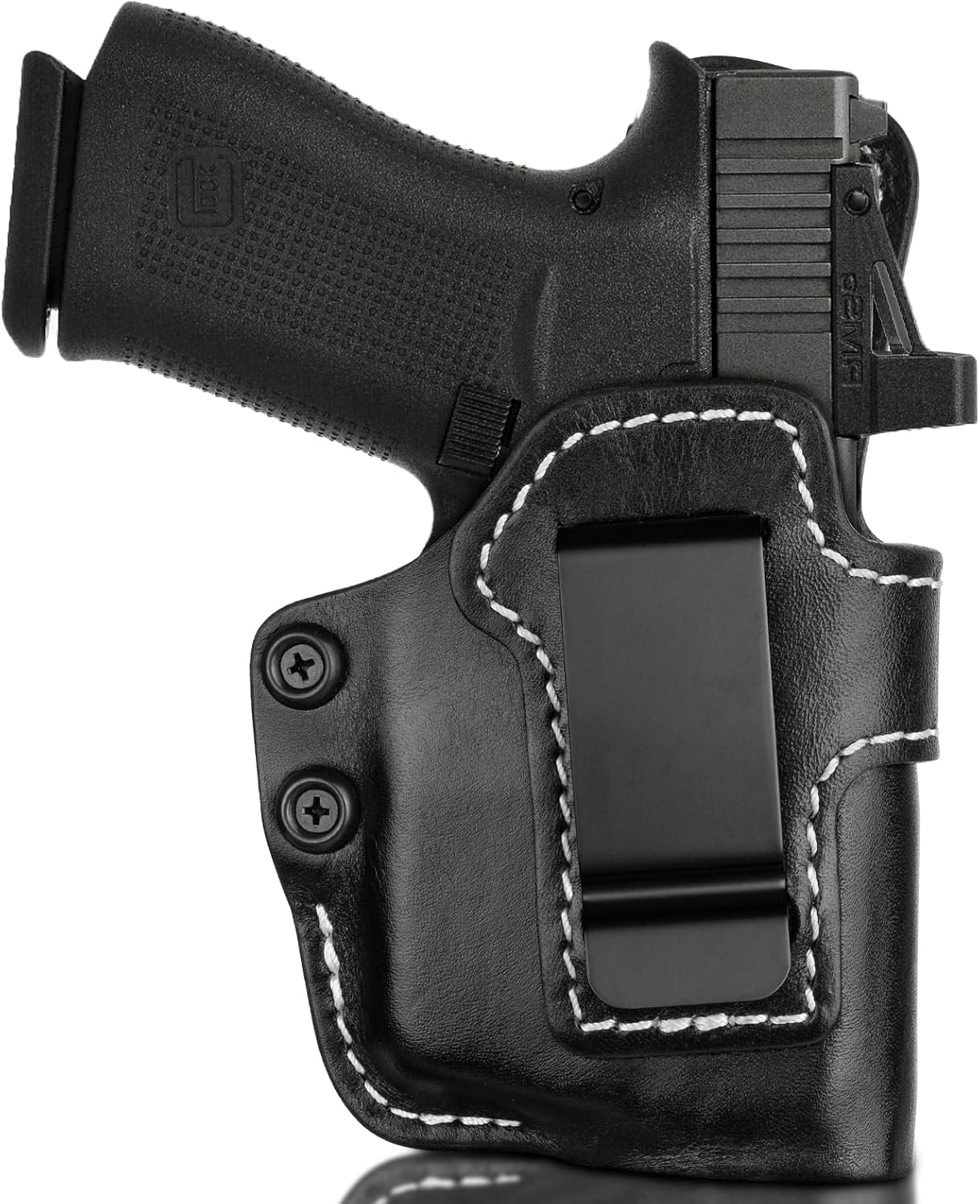 Universal IWB Leather Holster for P365/P365XL, Hellcat, G43/G48, G43X MOS/G48 MOS with TLR-6 and TLR-6 HL, Optic-Ready, Inside Waistband Carry Holster, Steel Clip Fits 1.75" Belt, Black, Right