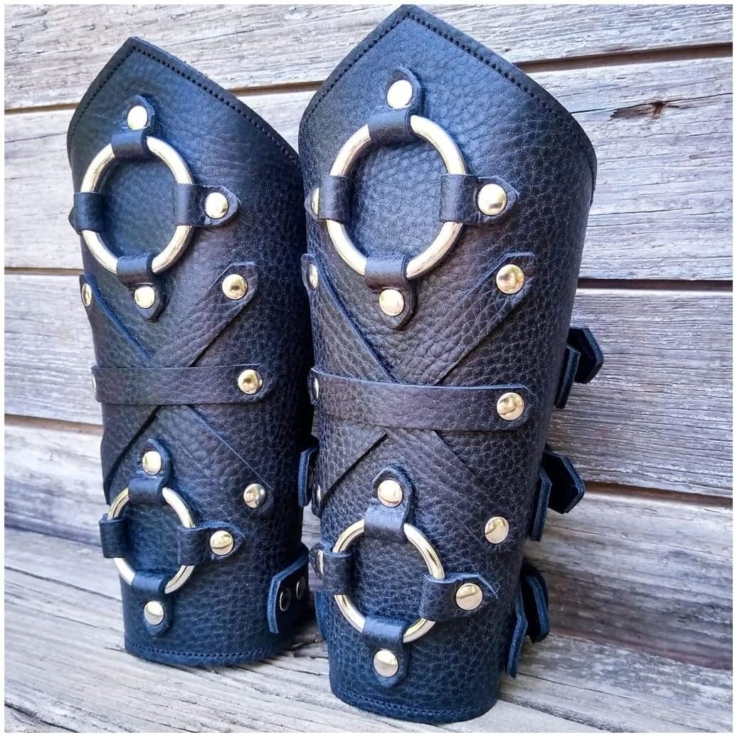 Medieval Vintage Arm Guards, Steampunk Armor Bracer Wrist Bandage with Surface Double Ring, Renaissance Knights PU Leather Lace Up Wristband