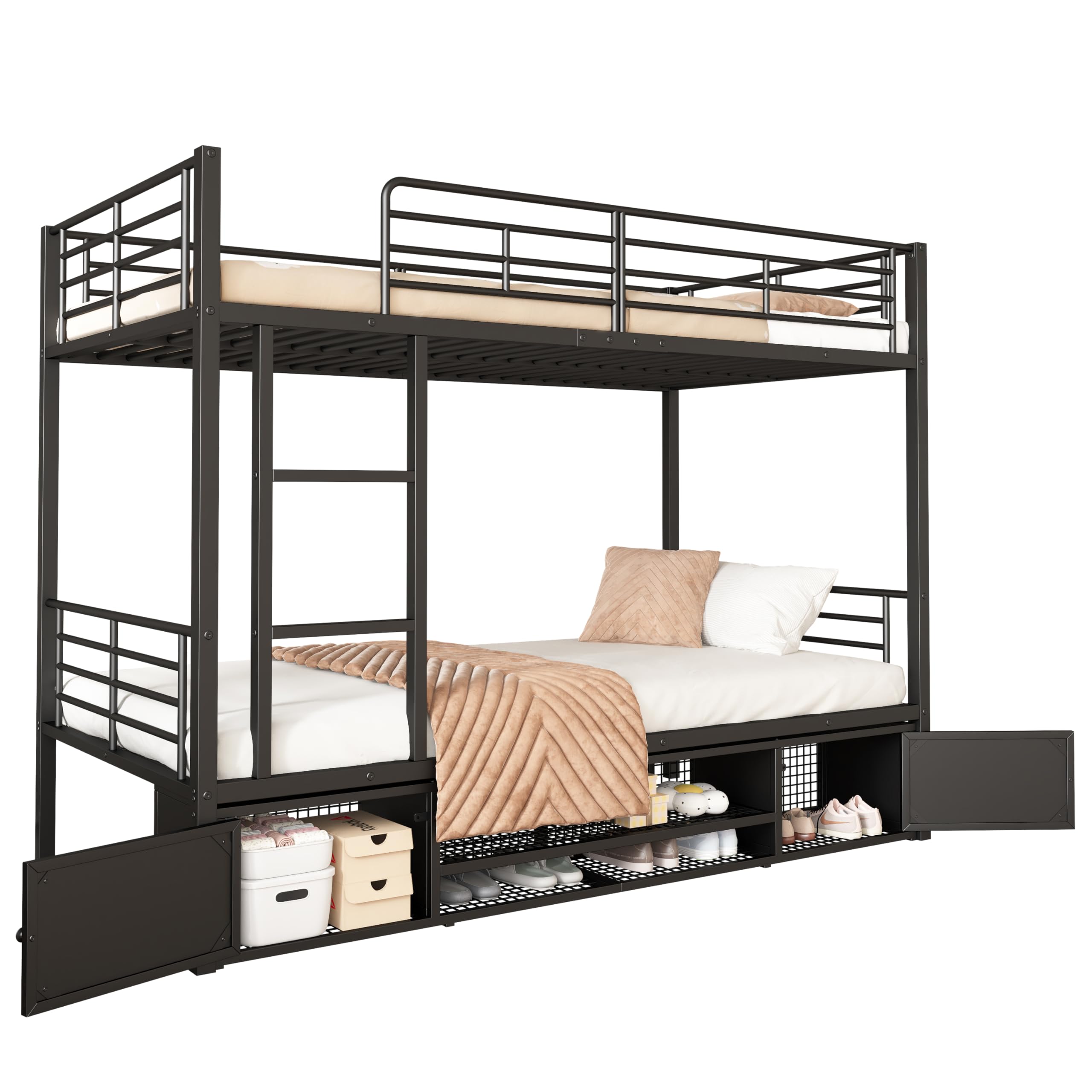 Cama con marco de hierro, litera, negro, 90 x 200 cm, zapatero abierto, armario de almacenamiento de doble puerta, con escalera lateral, rejilla protectora, sin colchón