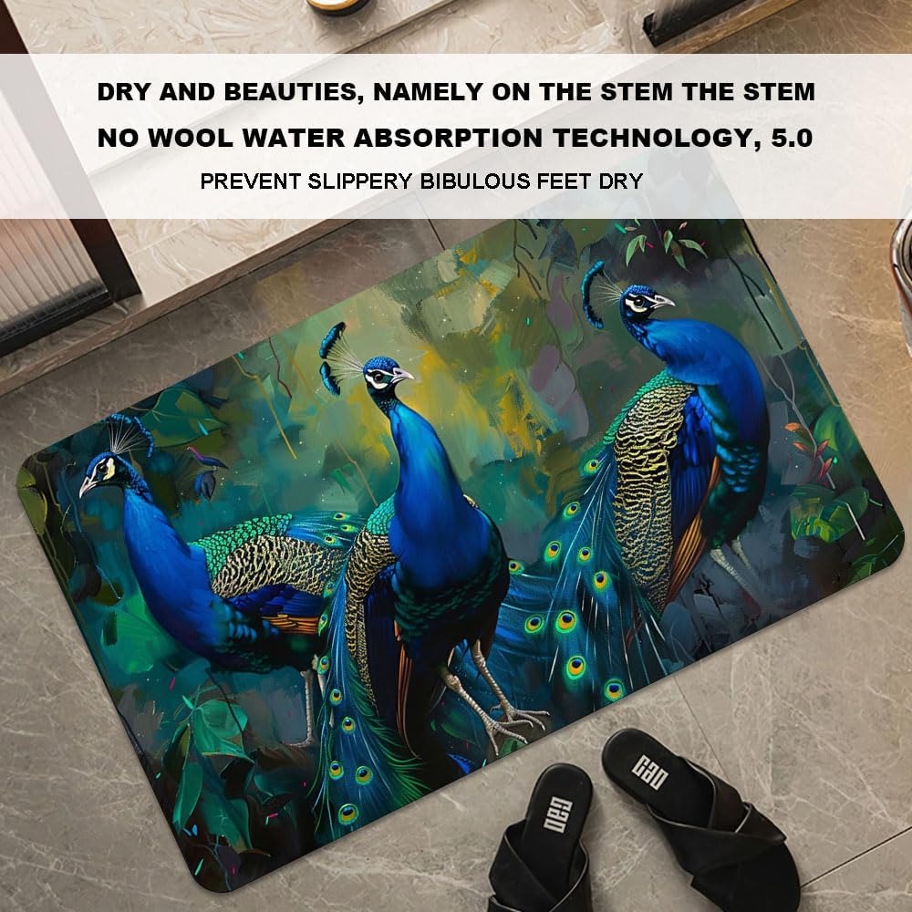 Bath Mat-Bathroom Rug，Three Peacocks-Absorbent Non Slip Quick Dry Stain Resistant Easy to Clean Care Shower Rug for Bathtub Shower Room 16×24Inch (40 * 60cm)