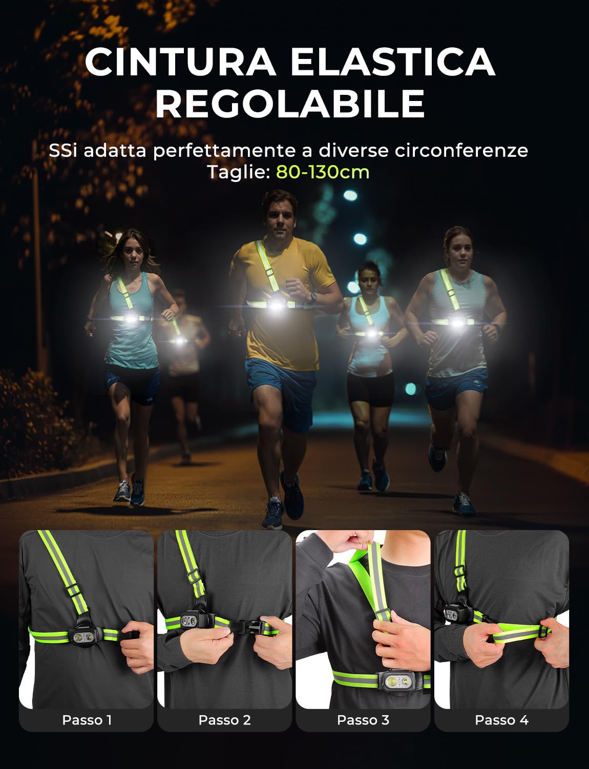 Luce Running con Strisce Riflettenti 500 Lumen Ricaricabile USB 7 Modalità IPX4 Impermeabile