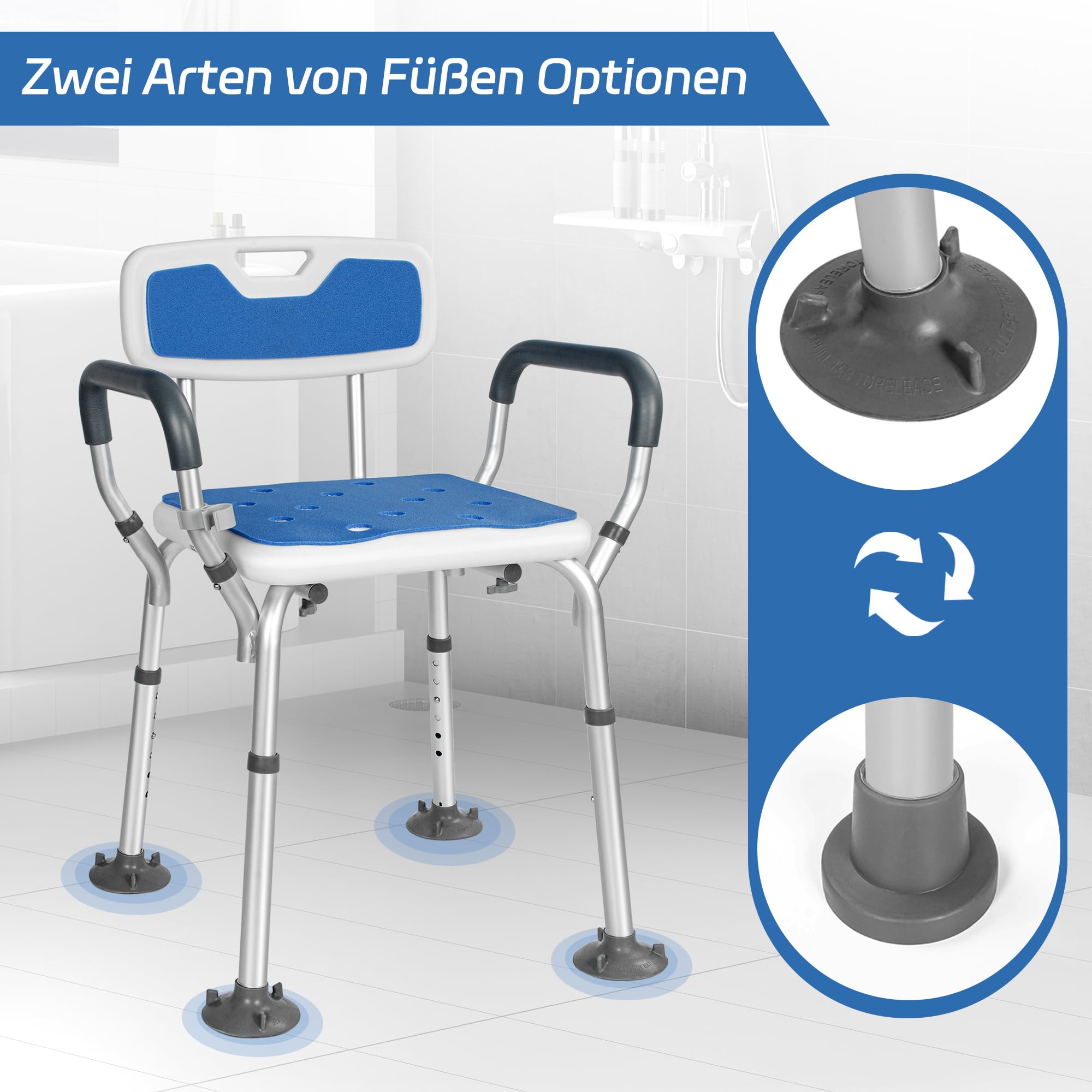 Duschstuhl für Senioren mit Abnehmbarem Griff und Rückenlehne, Höhenverstellbar, Rutschfester Duschhocker aus Aluminium, Belastbar bis 136 kg, Geeignet für Senioren, Verletzte und Schwangere