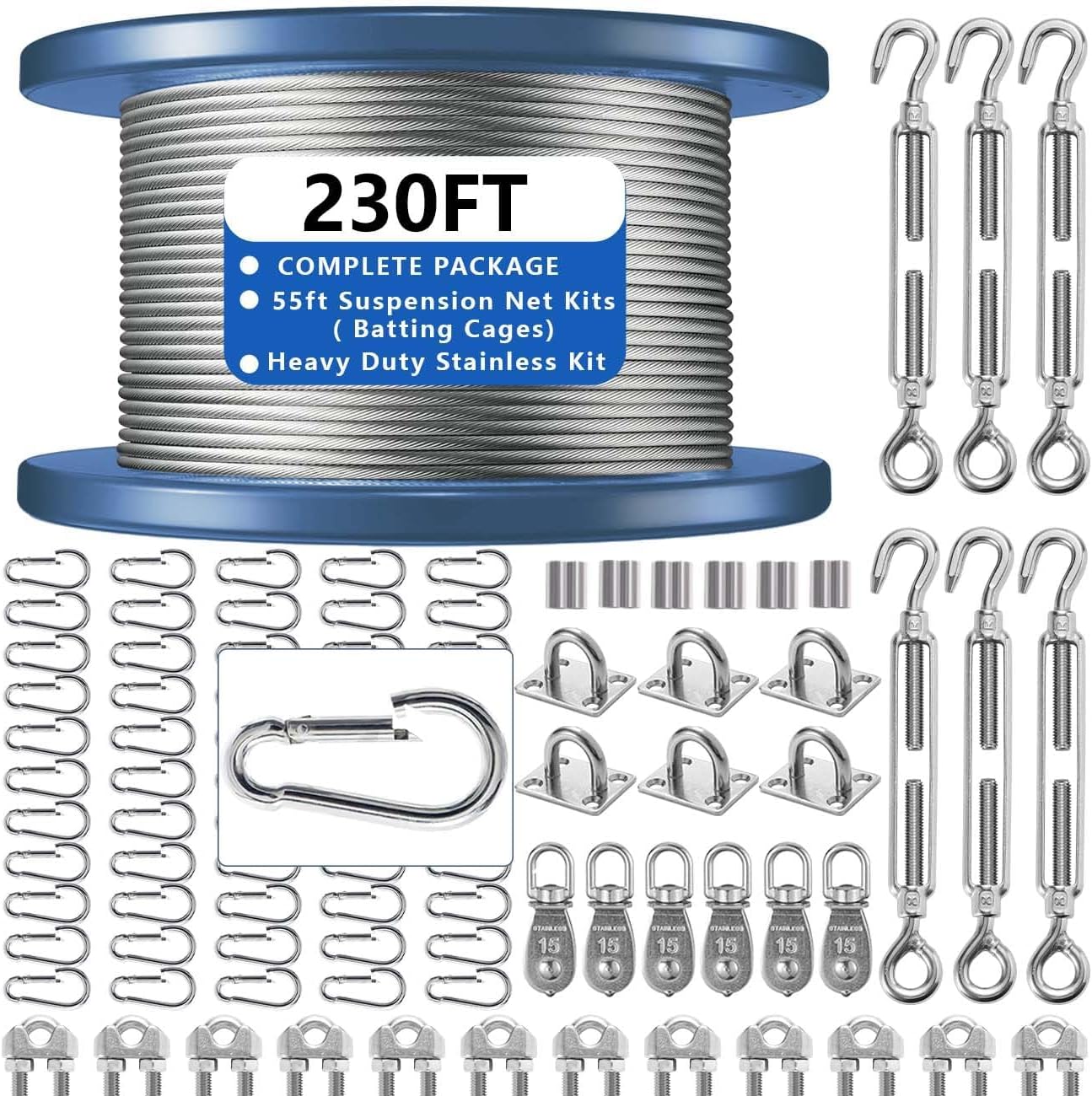 Heavy Duty Batting Cage Netting Wire Tension Kit Inflatable Batting Cage Cable Kit Net Hanging Kits Batting Cage Frame Kit for Home Backyard Outdoor Baseball and Softball Batting Cage