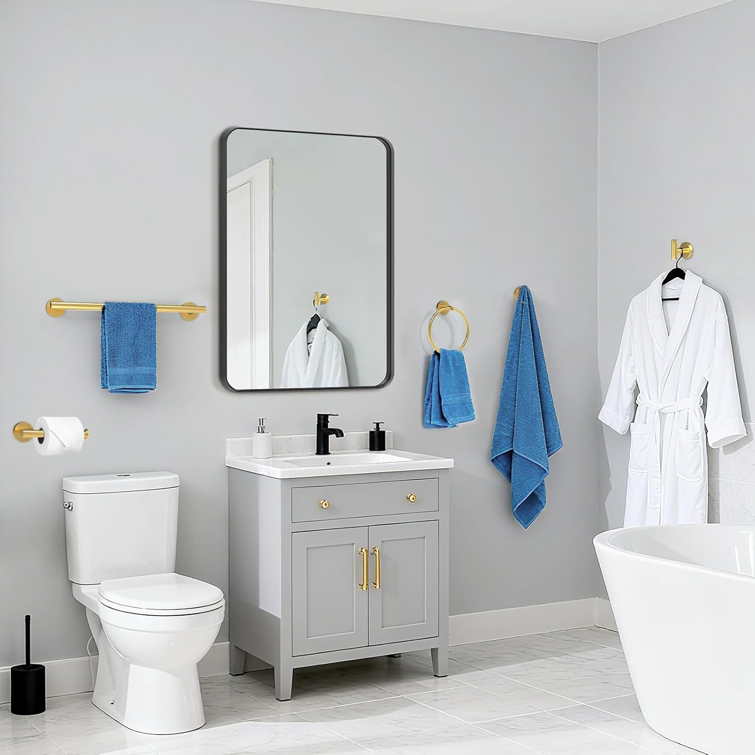 Brushed Gold Bathroom Accessories, Bathroom Hardware Set, SUS304 Stainless Steel Bathroom Towel Holder Set, 16 Inch Towel Bar Set 5 Pcs, 2 Towel Hooks, Toilet Paper Holder, Towel Ring