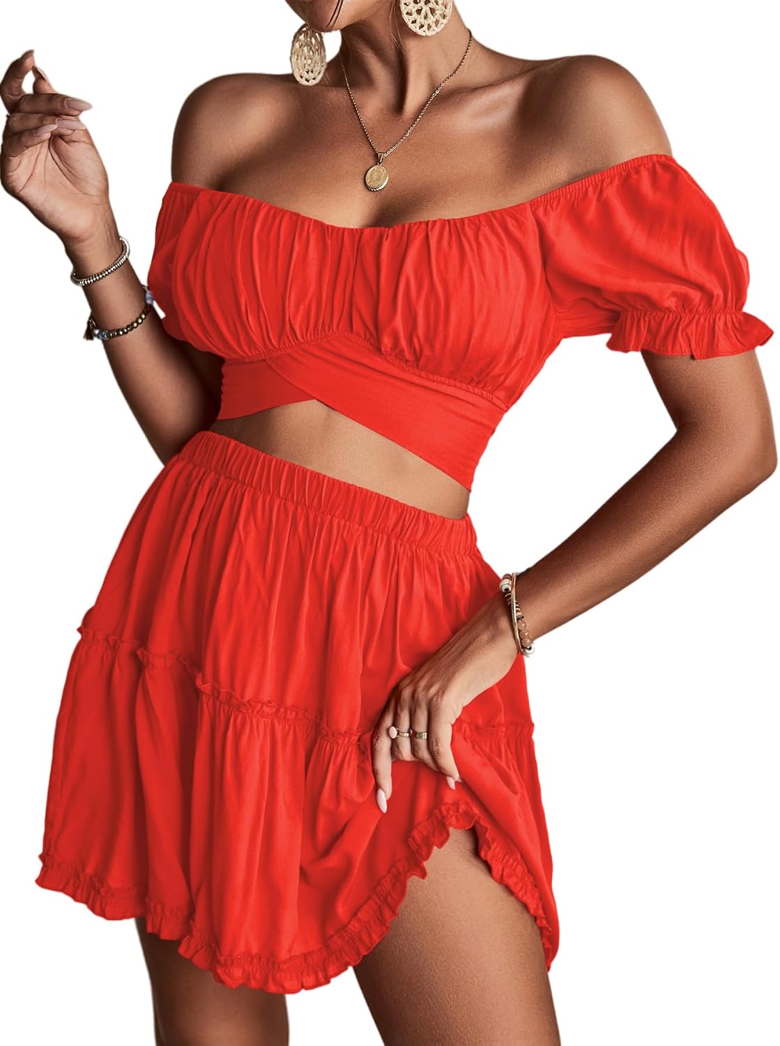 LYANER Women's 2 Piece Outfits Off Shoulder Tie Up Back Crop Top and Mini Skirt Set Solid Red X-Small