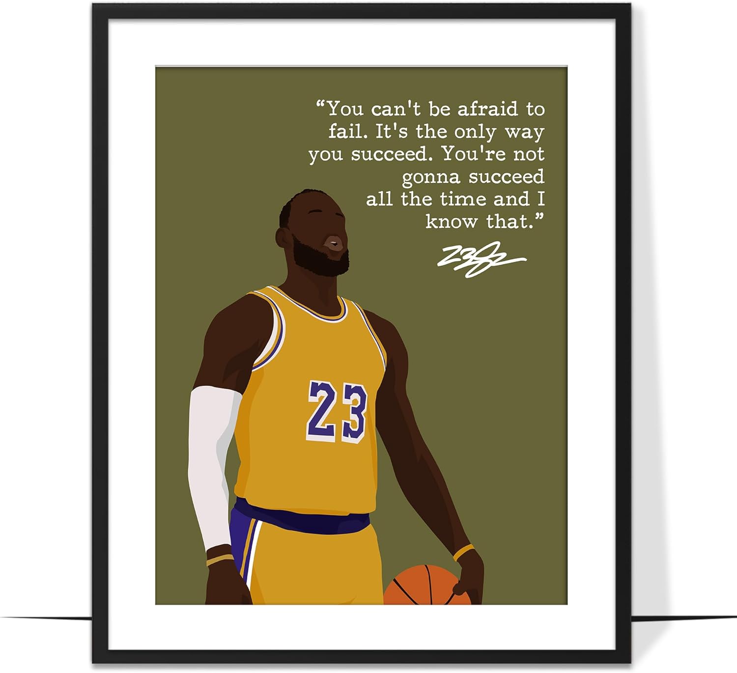 LOLUIS Motivational Quote Wall Art, Basketball Superstar Signature Hand-Drawn Artwork, Sport Theme Decor Bedroom Office Home Gym Locker Room (Beige Framed, 30" L x 24" W)