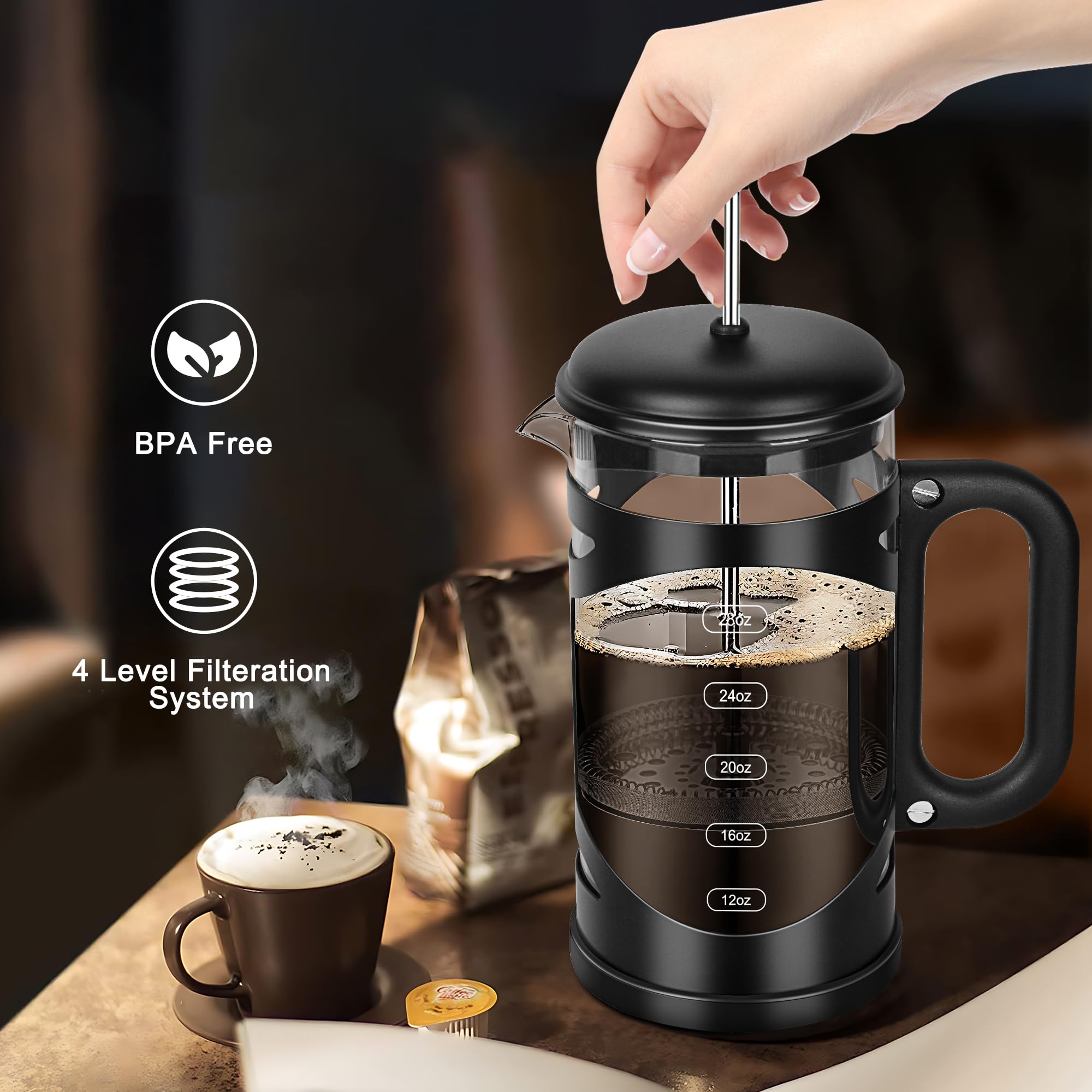 YMMIND Cafetera de prensa francesa de 34 onzas, prensa de café de acero inoxidable negro, con sistema de filtro de 4 niveles, vidrio de borosilicato de grosor resistente al calor, cafetera preparada