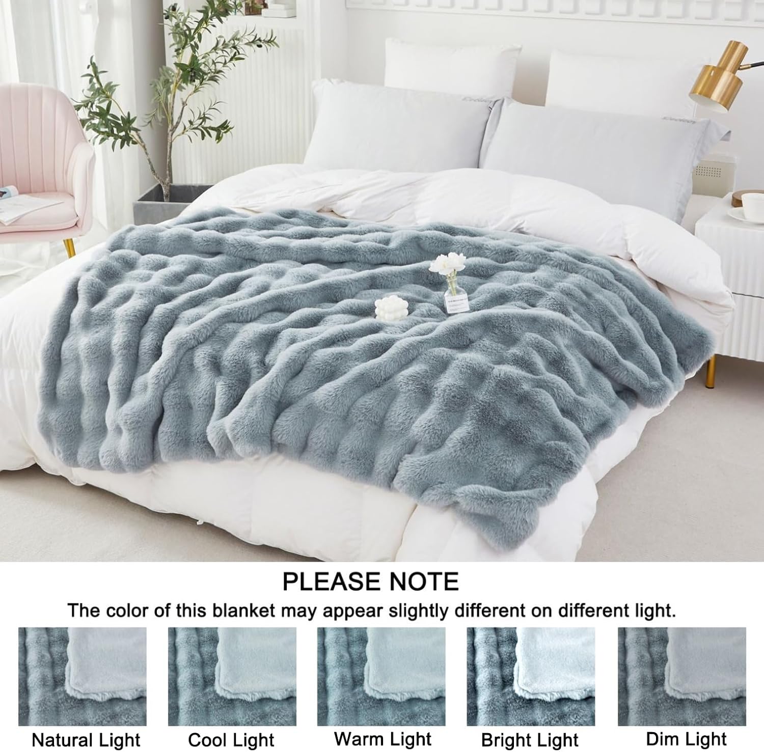 YOU SA Super Soft Fuzzy Faux Rabbit Fur Throw Blanket 63''x79'', Fluffy Long Shaggy Plush Warm Blanket for Couch Bed, Decorative Cozy Thick Bubble Furry Grey Blanket for Boys Men
