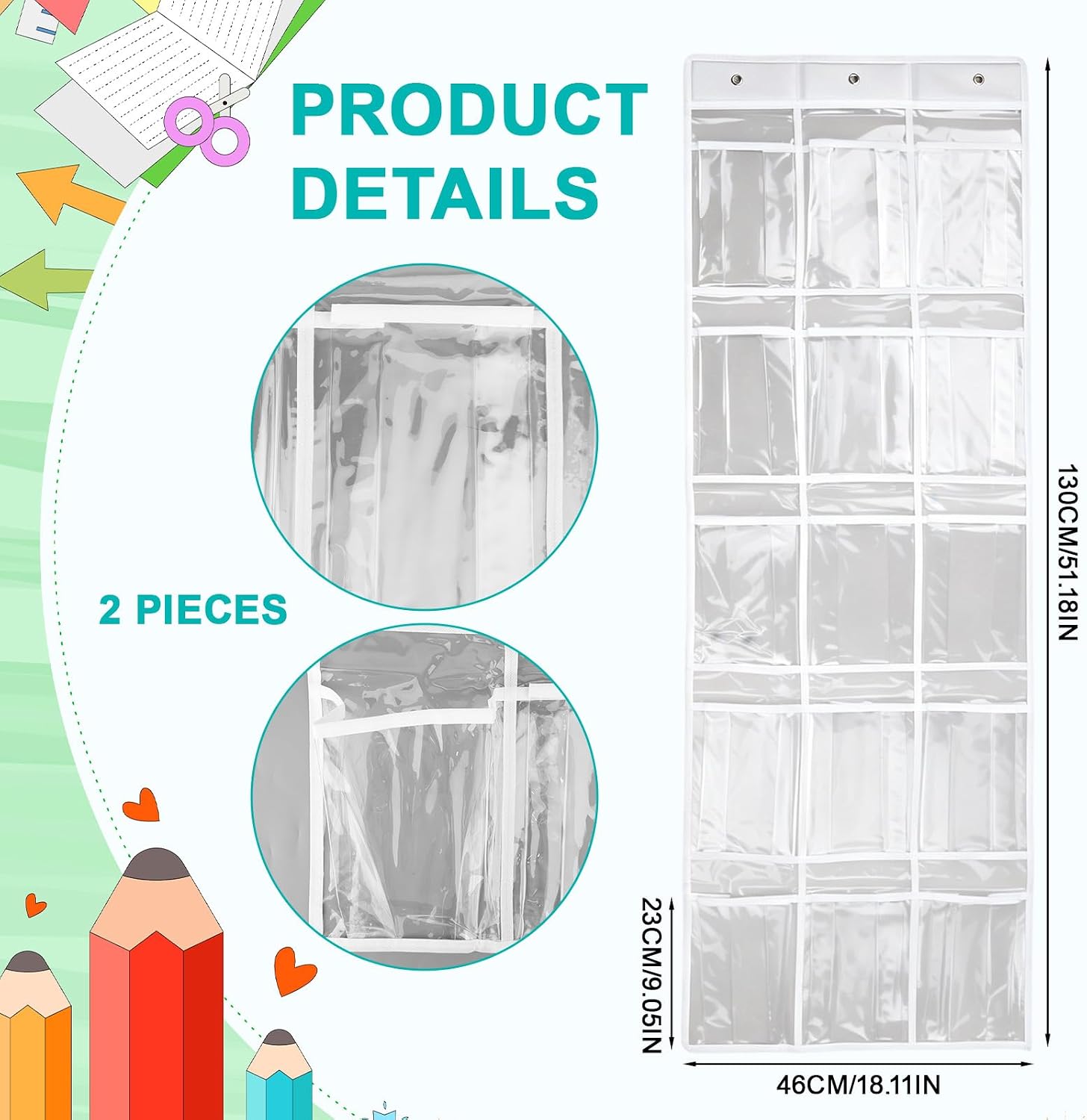 2pcs Classroom Headphone Storage, 30 Slot Pockets PVC Clear Hanging Headphone Holder with Hooks & Stickers Over-the-Door Hanging Organizer for Library Door Hanger