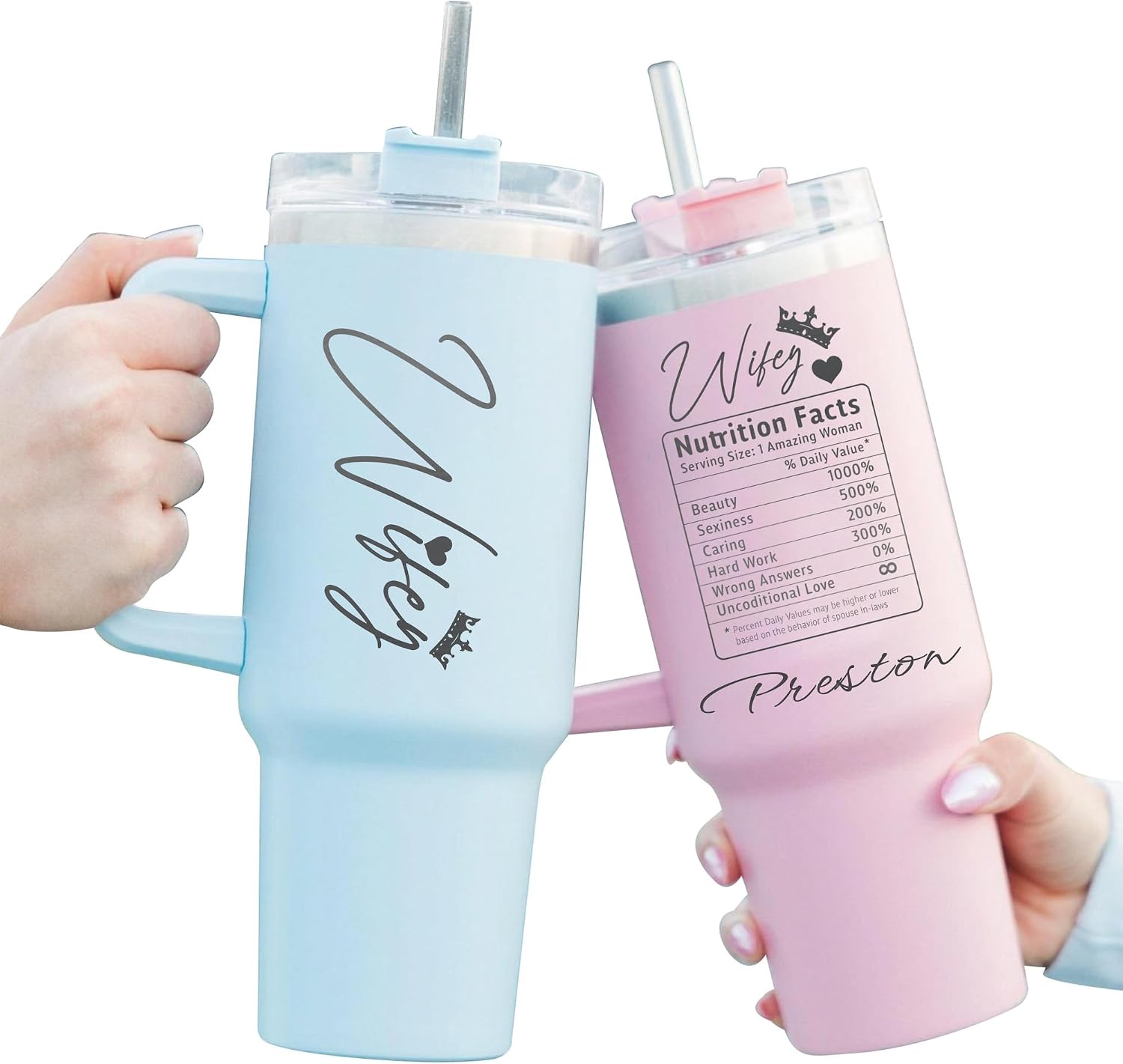Wifey Nutrition Facts Personalized Tumbler 40 oz Laser Engraved, Insulated Cup with Handle, Lid and Straw, Wife Gifts from Husband, Birthday Gifts for women, lover, wedding, Romantic Gift for Her