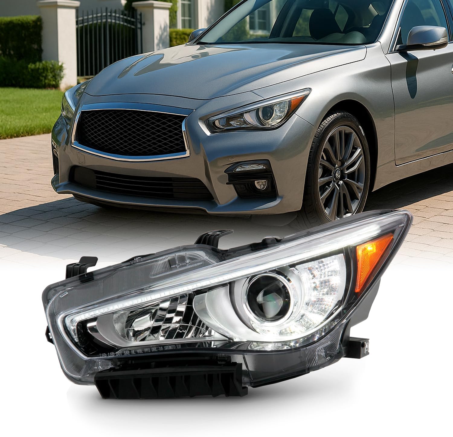 AKKON - Fits 2014-2022 InFiniti Q50 w/o AFS LED Projector Chrome Clear Headlight Passenger Right Side 14-22