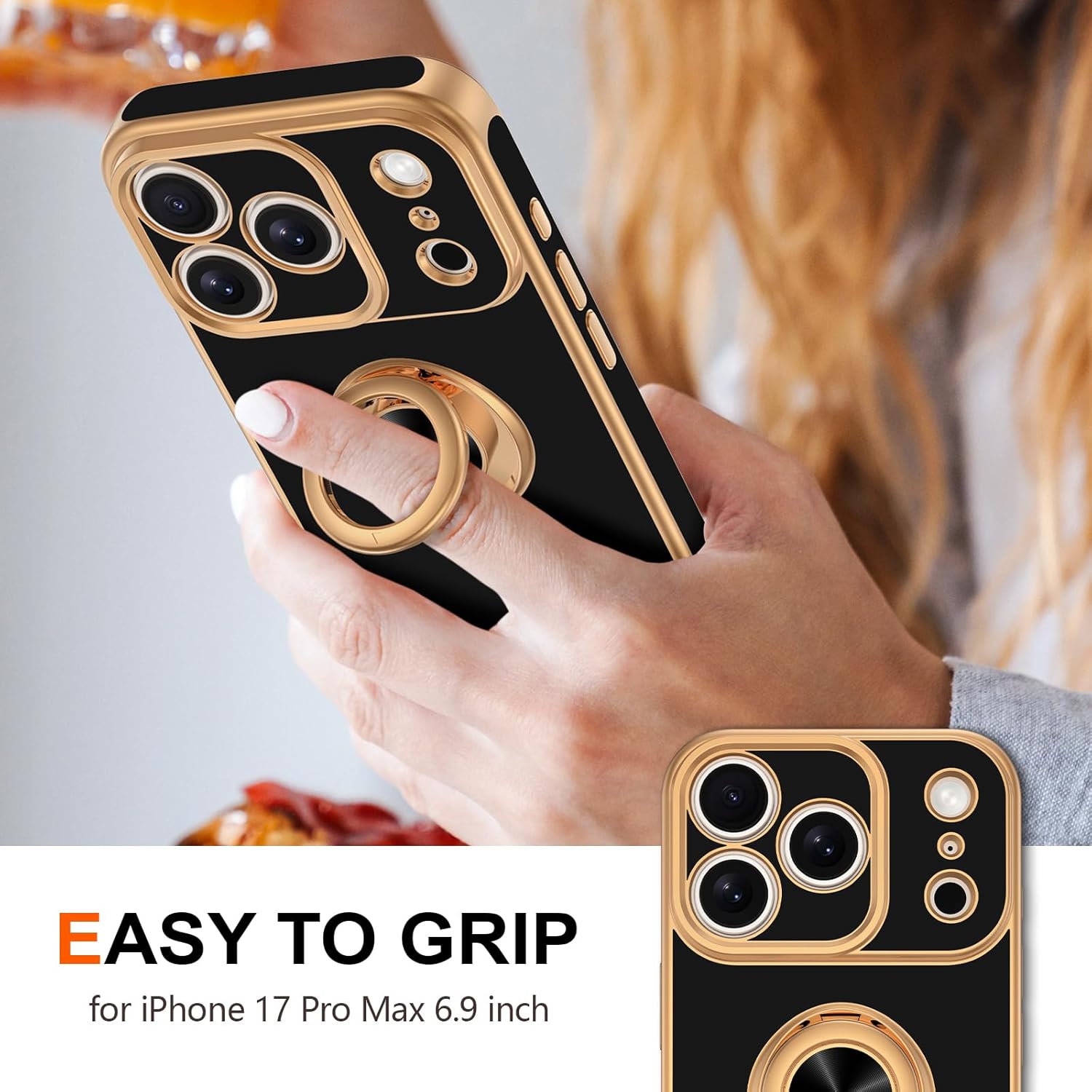 Hython for iPhone 17 Pro Max Case with Ring Stand, 360° Rotatable Ring Holder Magnetic Kickstand, Plating Rose Gold Edge Soft Cover Protective Phone Case for iPhone 17 Pro Max 6.9", Black - Image 2