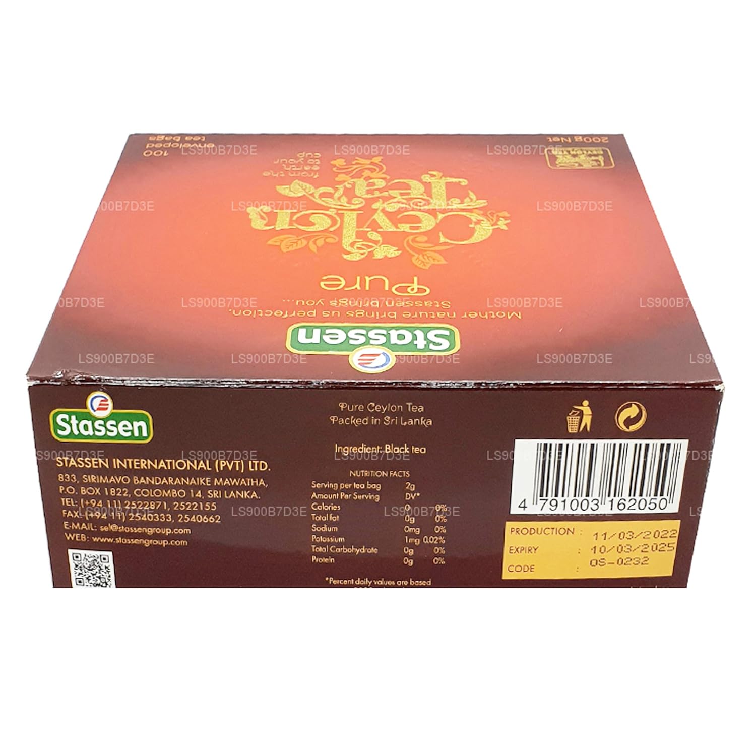 Stassen Pure Ceylon Tea / 100 Tea Bags / 200g / 7.1oz.