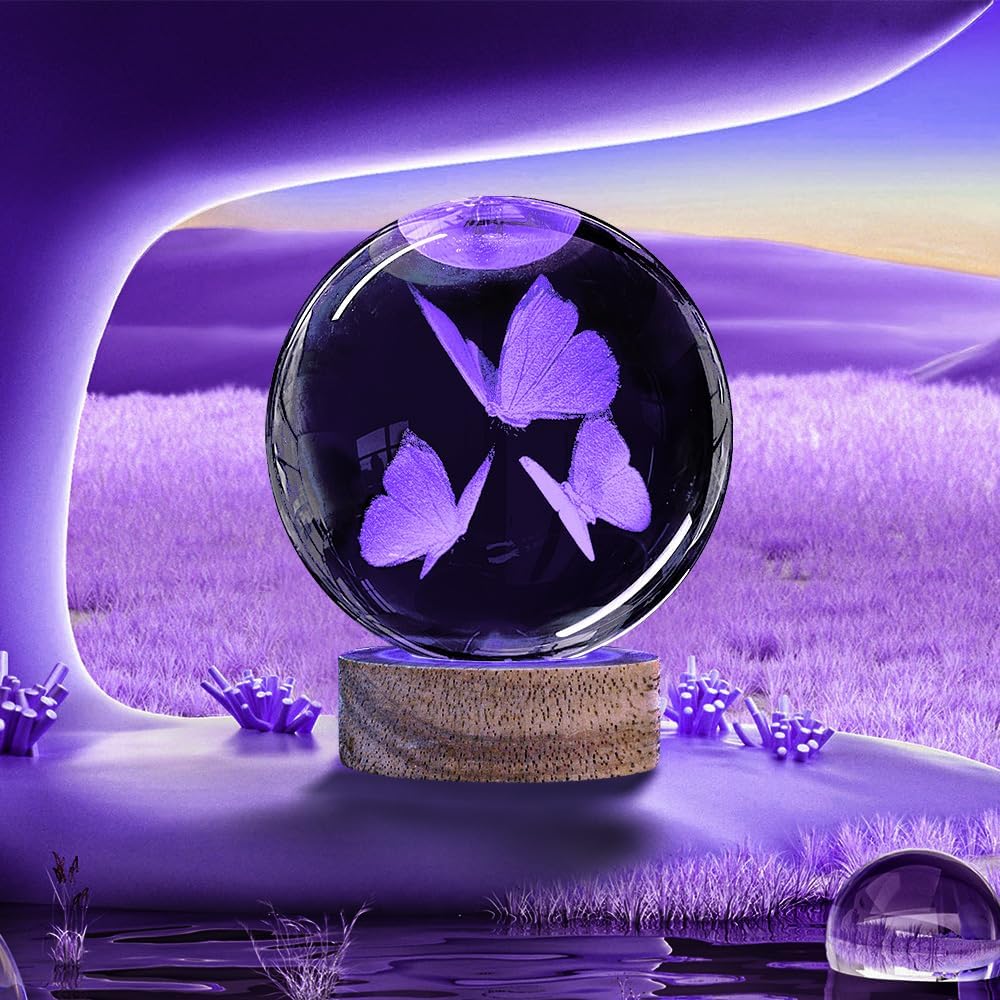 3D Butterfly Crystal Ball Night Light with Woodern Base, 3.15" Butterfly Figurine Glass Lamp with 16 Colors Cute Desk Decor for Home Butterfly Gifts for Women Kids Friends - Image 3