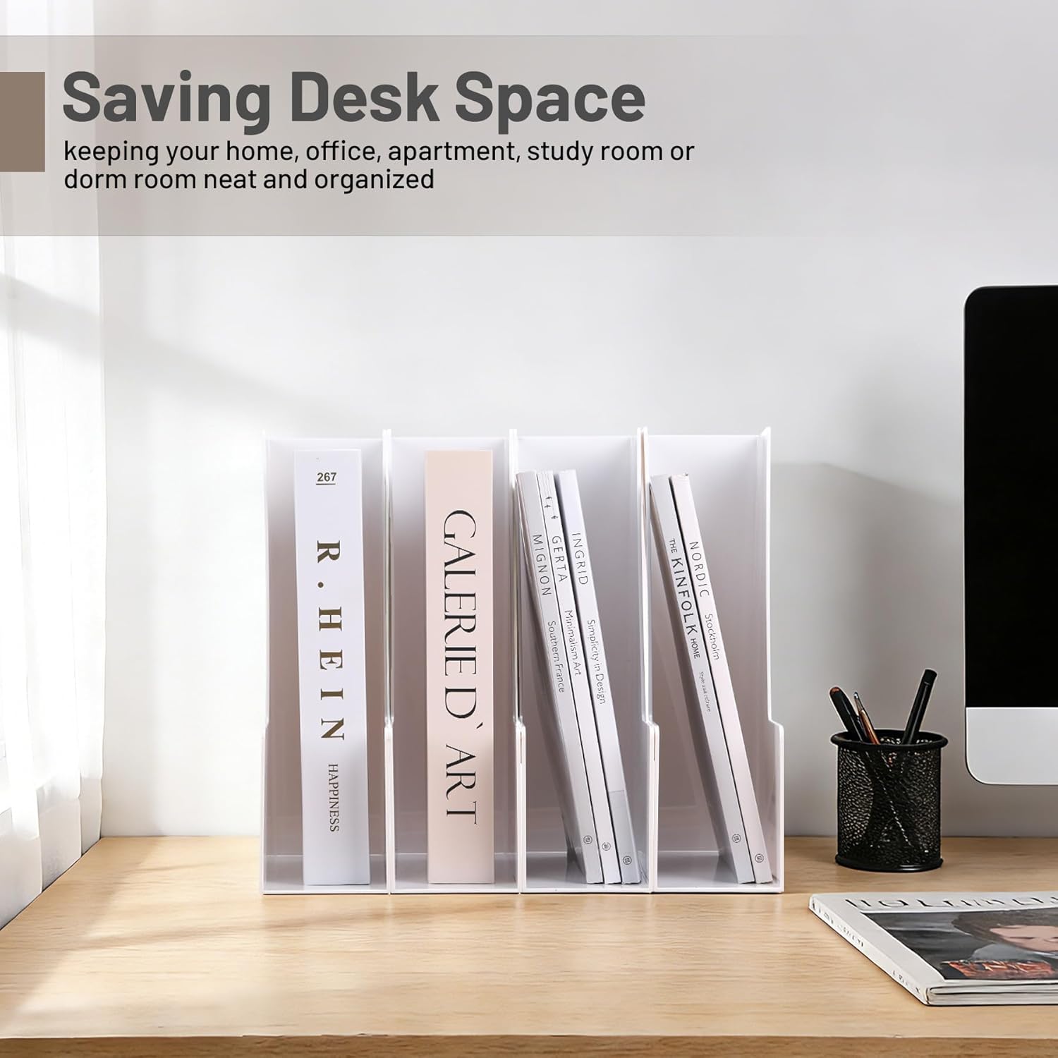 CiWiVOKi Vertical Magazine File Holder, Desk Organizer and Storage for Magazines, Binders, Notebooks, Envelopes, Multi-Purpose Desktop File Organizer for Home, Office & Classroom, 4 Pack, White