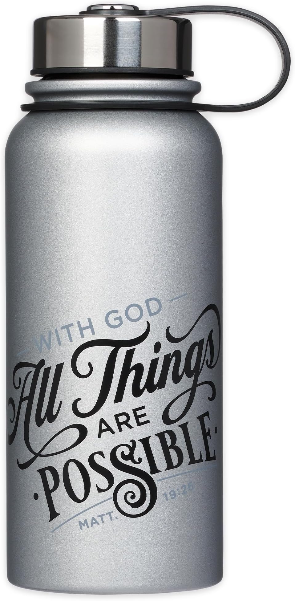 Large Stainless Steel Double Wall Vacuum Sealed Insulated Water Bottle for Men & Women: All Things are Possible - Mat. 19:26 Encouraging Scripture, Leak/Spill-proof, Silver, 32 oz.