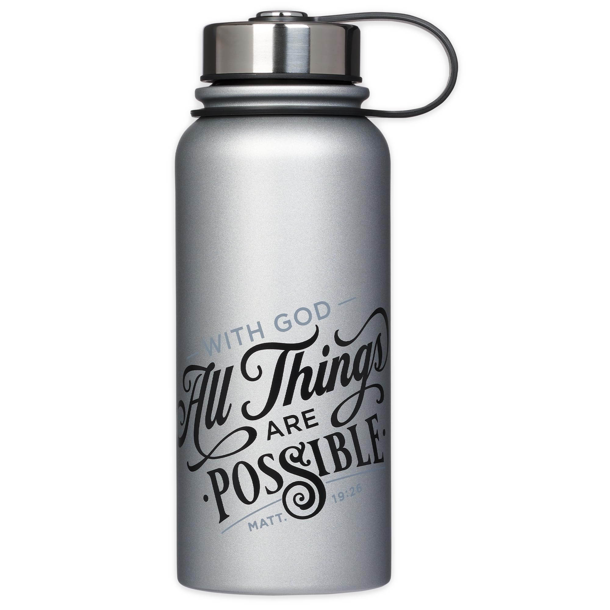 Large Stainless Steel Double Wall Vacuum Sealed Insulated Water Bottle for Men & Women: All Things are Possible - Mat. 19:26 Encouraging Scripture, Leak/Spill-proof, Silver, 32 oz.