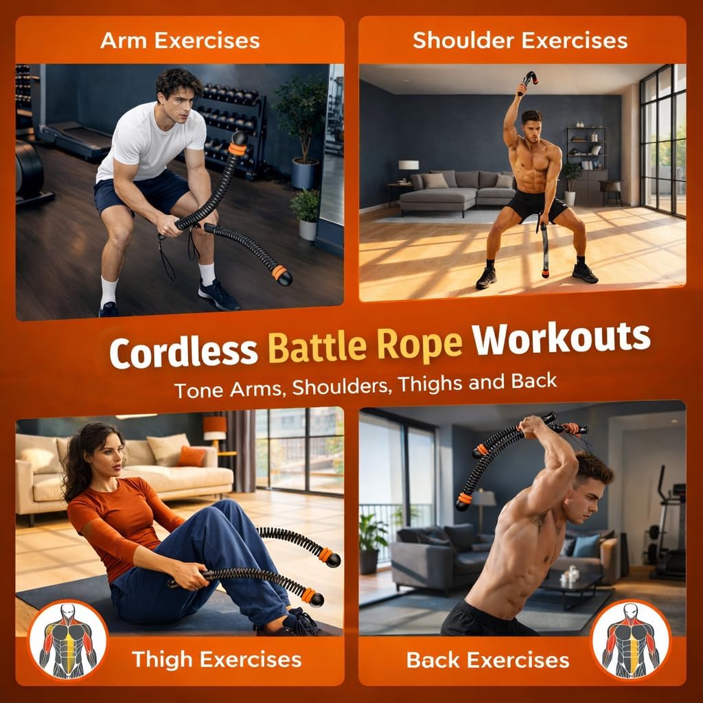Adjustable Resistance Cordless Battle Ropes, Portable Home Gym Equipment. Weighted Ropeless Design for Strength Training, HIIT & Low-Impact Cardio Workout (2, Black)