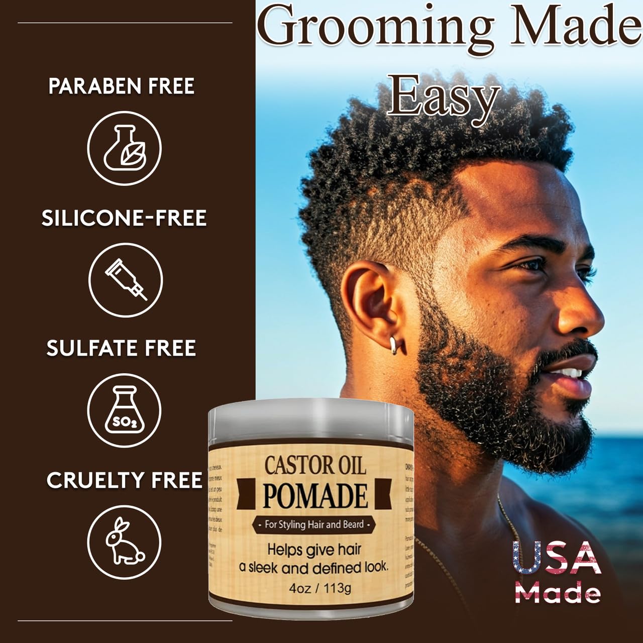 OKAY | Men's Castor Oil Beard and Hair Pomade | For All Hair Types & Textures | All Day Hold | Sleek, Defined Look | Free of Silicone & Paraben, Gray, 4 Oz