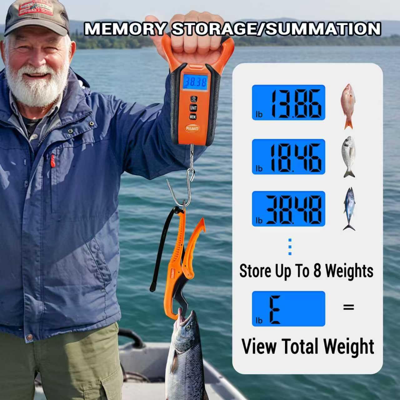 Fish Scale Digital Waterproof Floating with Carry Case Fishing Weighing Scale with Lip Gripper, Backlit LCD Display,110lb Capacity Memory Storage & Summation -Fishing Gifts for Men