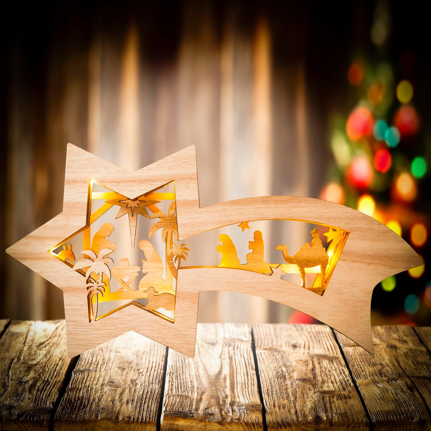 Christmas Nativity Scene 3D Wooden Falling Star Decoration Centerpiece Ornament for Table Top and Holidays Christmas Tree with Lights