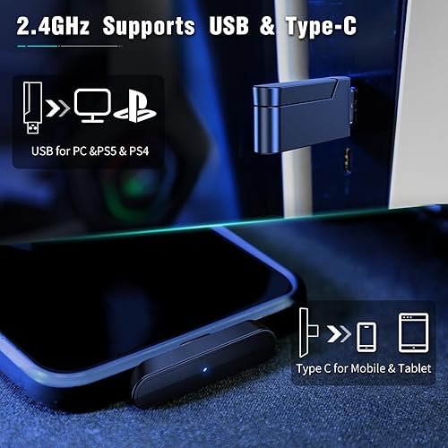 Miniatura 3 de Ozeino Auriculares inalámbricos para juegos con micrófono, transmisor de 2.4 G y tipo C - Batería de 30 horas de duración - Auriculares para juegos