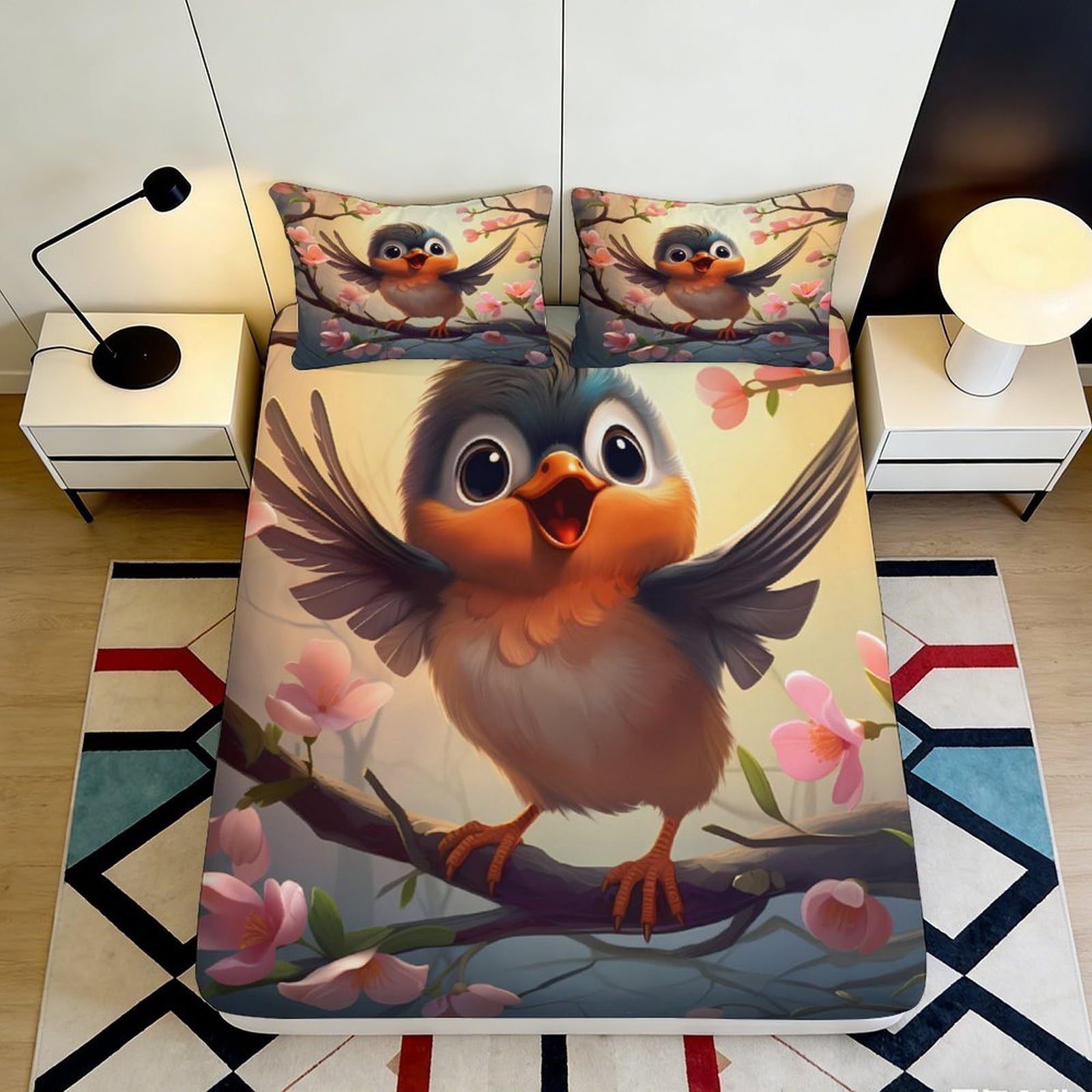 3D Printed Cute Bird Fitted Sheet Microfiber Elastic Hem Deep Pocket Bedroom Bedding Cute Bird Mattress Fitted Cover for Adults Teens 180x200x25cm