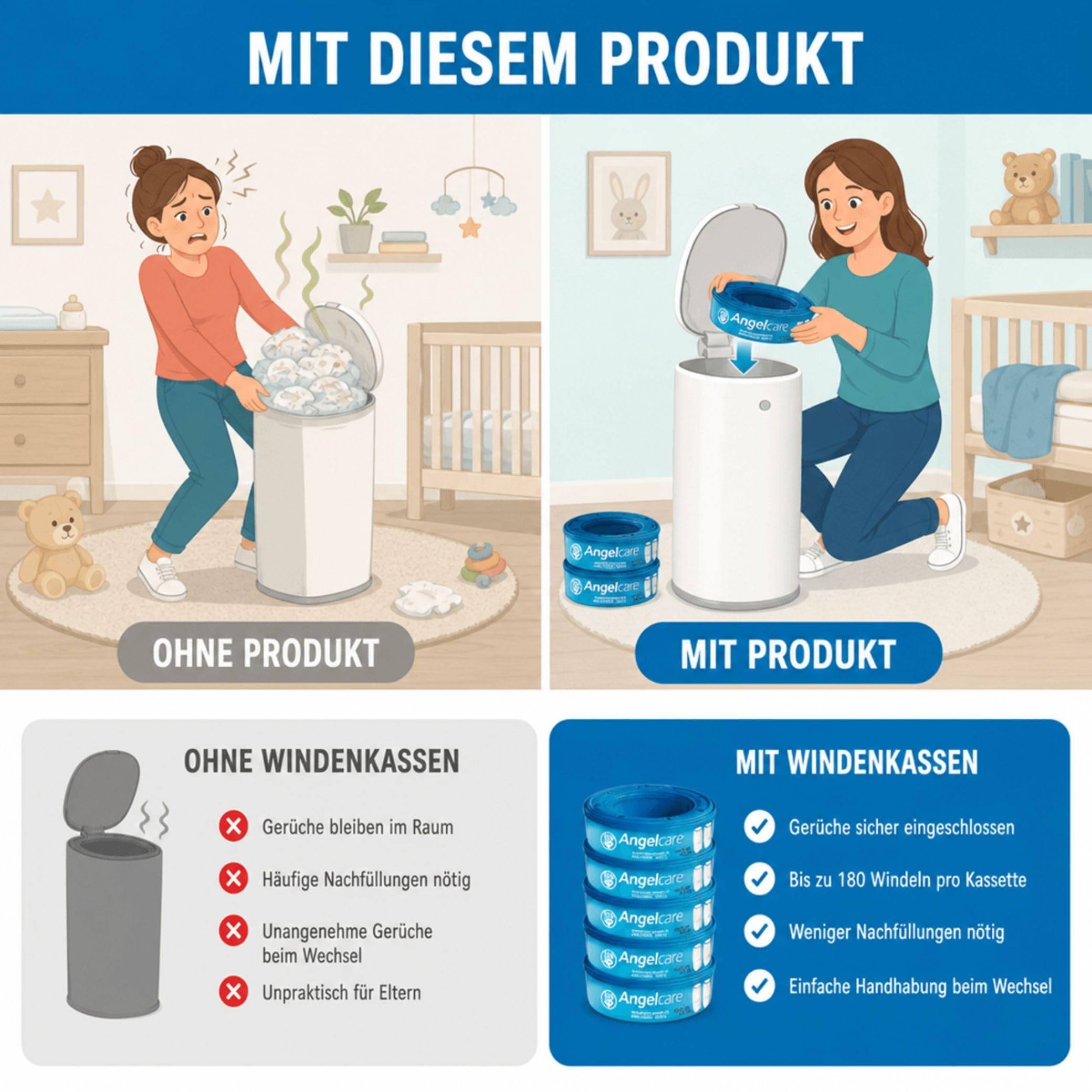 Angelcare 8er-Pack Original Nachfüllkassetten für Angelcare Windeleimer Comfort Plus