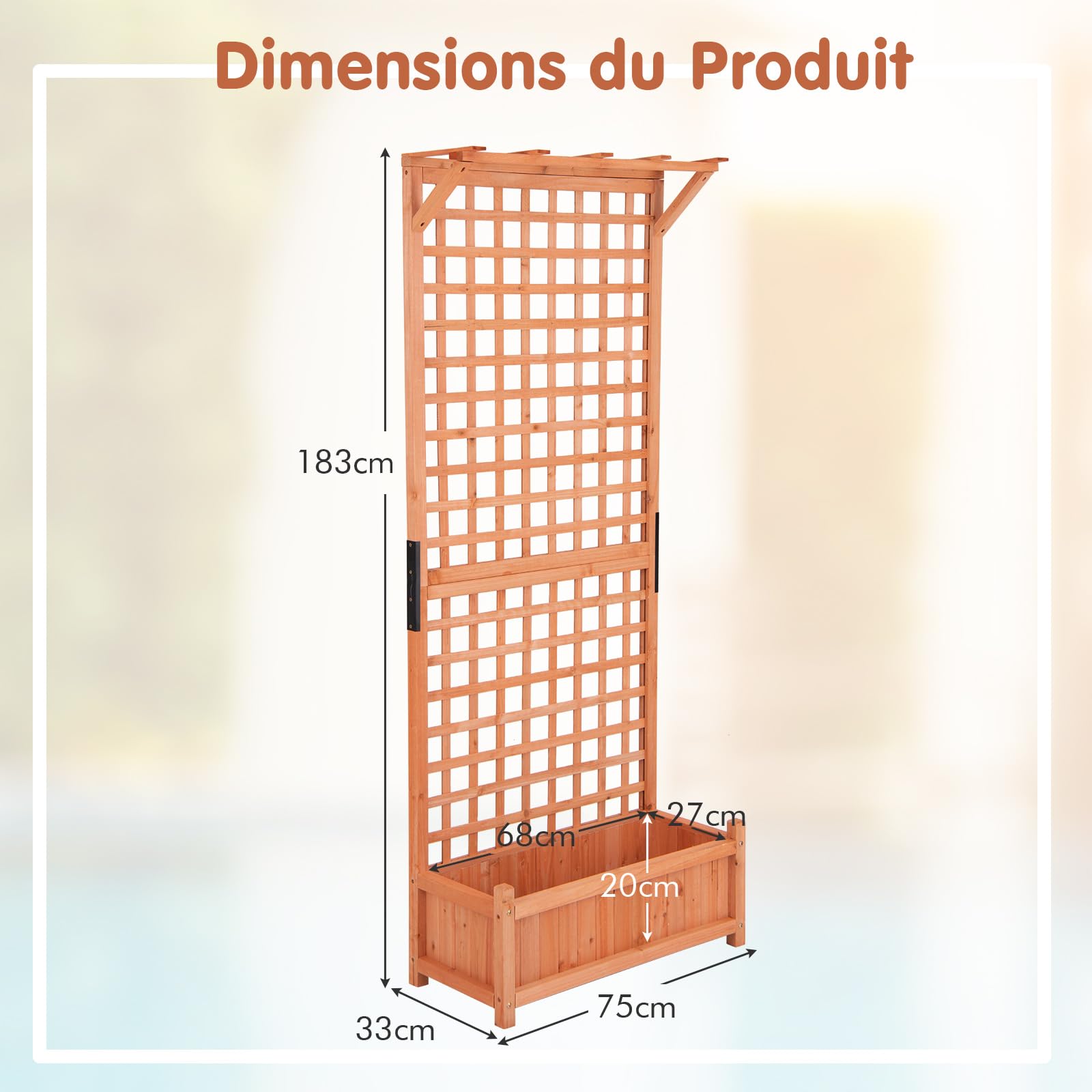 RELAX4LIFE Jardinière avec Treillis 180 cm, Lit de Jardin Surélevée en Bois Sapin, Bac à Fleurs d'Extérieur avec Trous de Drainage pour Plantes Grimpantes Fleurs dans Jardin Terrasse Balcon