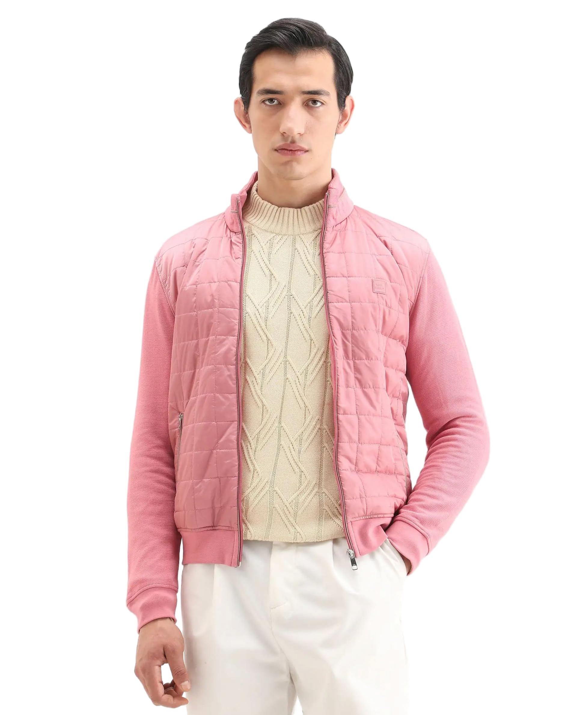 Men Regular Solid Pink Nylon Zipper Stand Collar Jacket-image-9