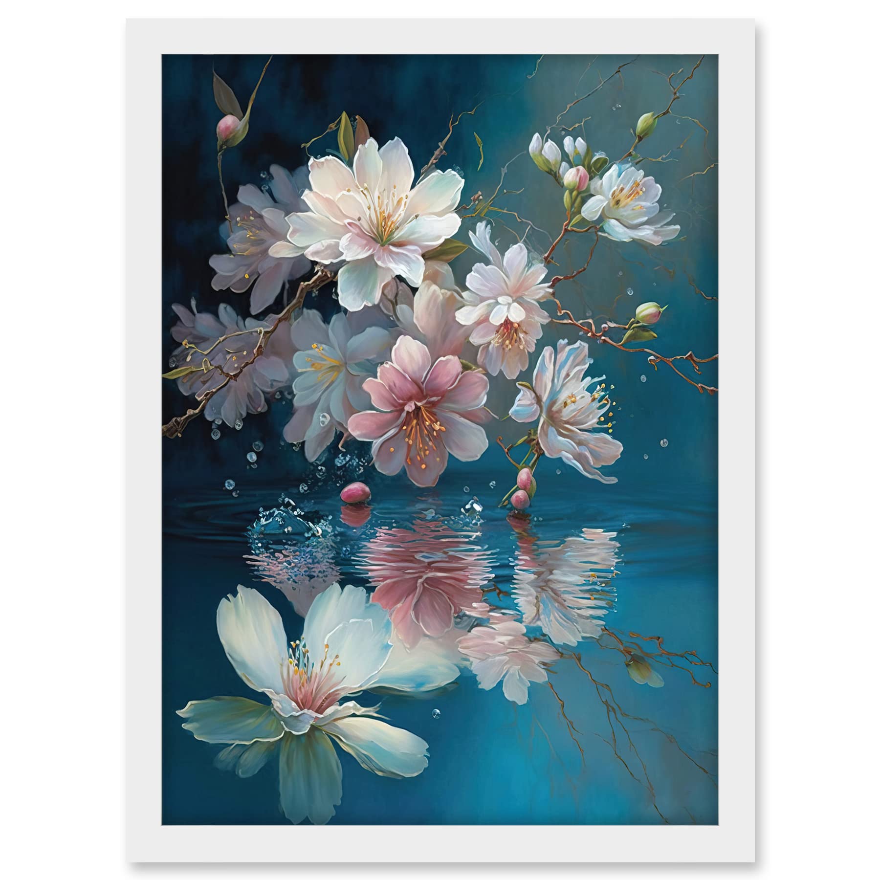 Artery8 Cherry Blossom Branch Dancing Over Water Modern Watercolour Painting Artwork Framed A3 Wall Art Print
