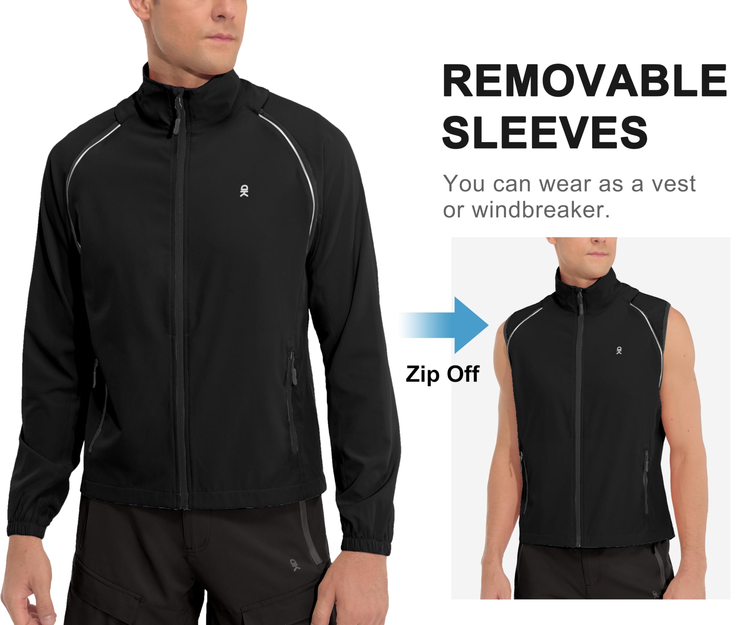 Little Donkey Andy Men's Quick-dry Running Jacket, Convertible UPF 50+ Cycling Jacket Windbreaker with Removable Sleeves, Black Size M